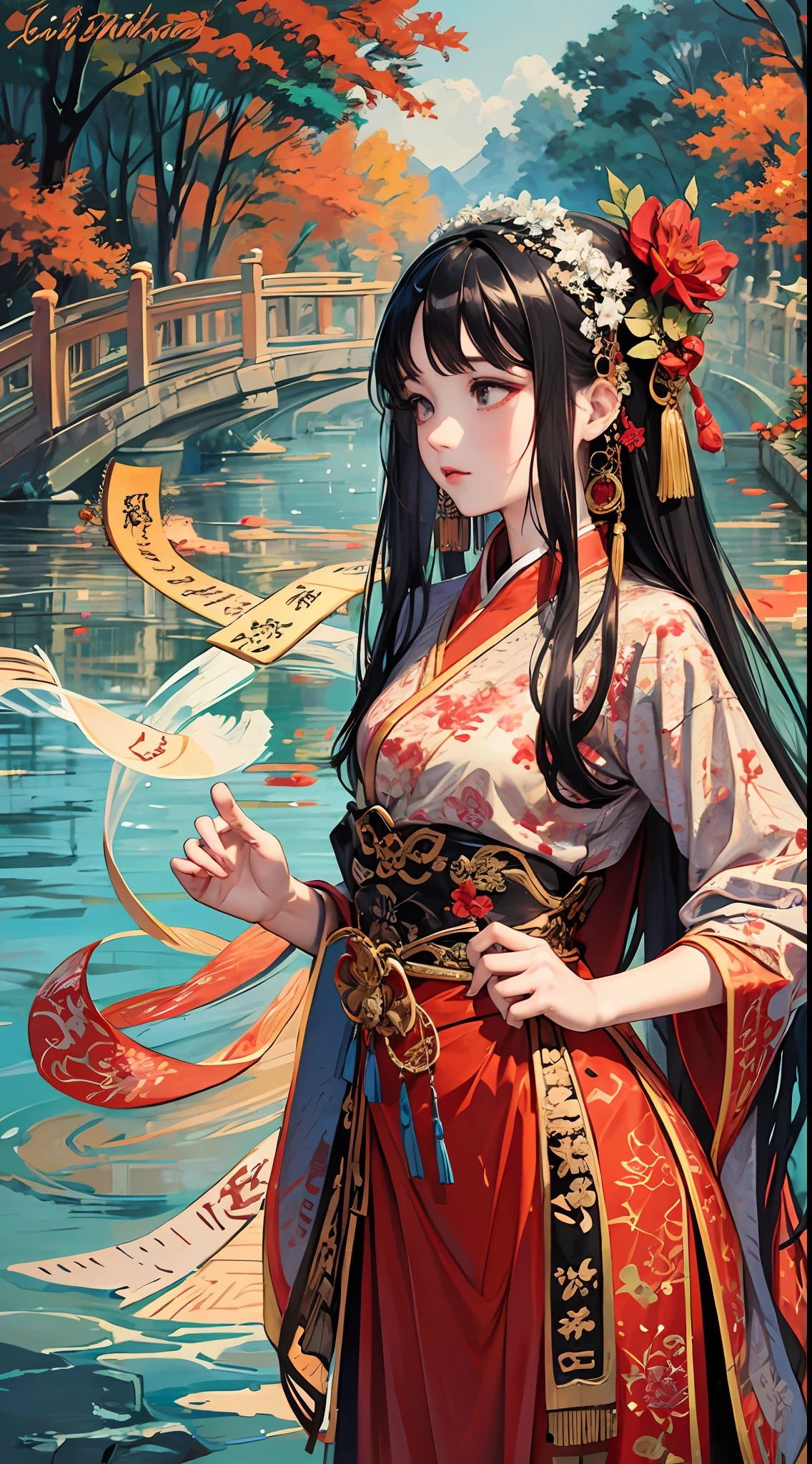 highly detailed,ultra-detailed,best quality,masterpiece,extremely detailed,best shadow,solo,Chinese traditional costume, 1girl,(calligraphy:1.5), red headband, (small bridge:1.2), (flowing water:1.2),  delicate beauty, gentle demeanor, tranquil scene, feminine grace, exquisite details, idyllic charm, nostalgic ambiance, serene landscape, dreamy atmosphere, ethereal mood, poetic imagery, cultural allusions, artistic finesse, evocative style, graceful lines, subtle color palette, aesthetic harmony, pictorial artistry, emotional resonance, spiritual depth, timeless elegance, visual pleasure, cultural heritage, oriental aesthetics, decorative patterns, naturalistic elements, humanistic sentiment, aesthetic symbolism, cultural identity, expressive power, imaginative vision, aesthetic taste, artistic creativity, technical mastery,rabbit,