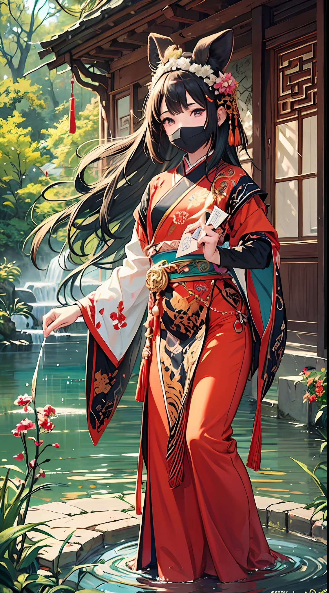 highly detailed,ultra-detailed,best quality,masterpiece,extremely detailed,best shadow,solo,Chinese traditional costume, 1girl,(calligraphy:1.5), red headband, (small bridge:1.2), (flowing water:1.2),  delicate beauty, gentle demeanor, tranquil scene, feminine grace, exquisite details, idyllic charm, nostalgic ambiance, serene landscape, dreamy atmosphere, ethereal mood, poetic imagery, cultural allusions, artistic finesse, evocative style, graceful lines, subtle color palette, aesthetic harmony, pictorial artistry, emotional resonance, spiritual depth, timeless elegance, visual pleasure, cultural heritage, oriental aesthetics, decorative patterns, naturalistic elements, humanistic sentiment, aesthetic symbolism, cultural identity, expressive power, imaginative vision, aesthetic taste, artistic creativity, technical mastery,rabbit,