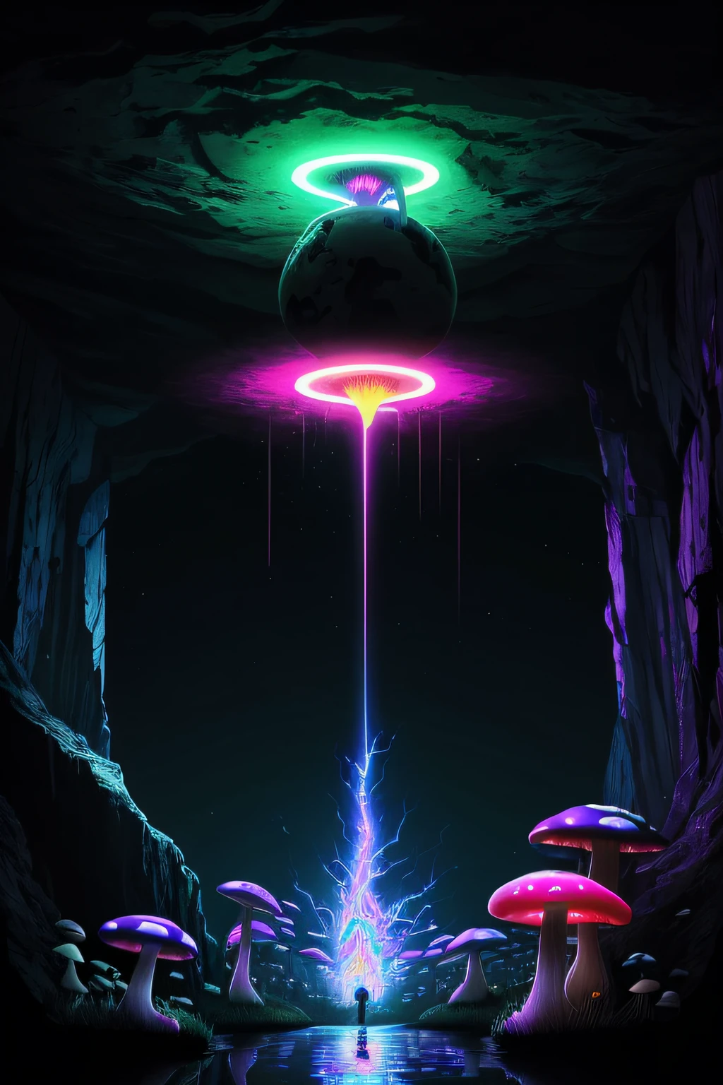 a big cave, spherical, round, (big glowing lake):1.8, no gravity, horror, dark setting, sparkle in the air, dark fog, lightning, grafiti, (skulls:1.1), (psychodelic:2), colorful, rgb, ((neon mushrooms)), gloomy mushrooms, radiant light, acid, ???, beautiful, masterpiece, best quality, highres, 8k, (insanely detailed), reflections:1.15,