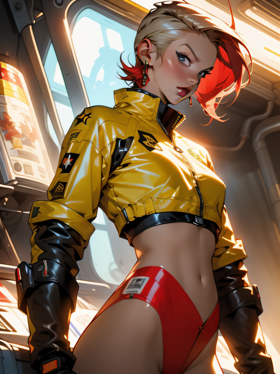 (((woman))), A 35-year-old muscular Russian warrior woman almost naked in the Simon Bisley style for the cover of Heavy Metal magazine, (((tiny red thong))), super short blonde hair, Minimum clothing, Cyrillic alphabet, red carbon fiber armor with yellow stars in hexagonal pattern stained with ink, (((red clothing with yellow stars)))), (((short-cut))), ((Annie Lennox)), inside a spaceship, cyberpunk, tight suits, bio mechanical suit,