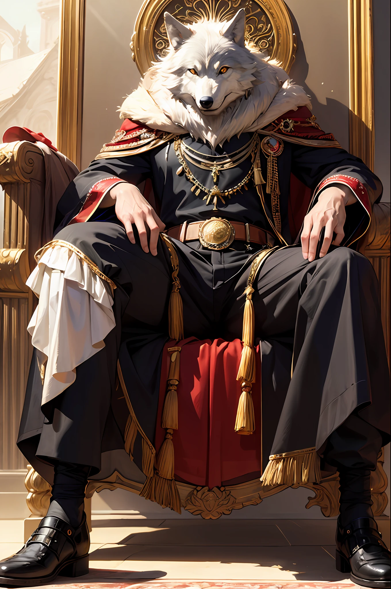 masterpiece, best quality, realistic, fashion wolf king, wolf, glasses on the head, gear, gemstones, goggles, gold, jewelry, magic circle, male_focus, little wolf, pants, shoes, sunglasses, tassel, throne,