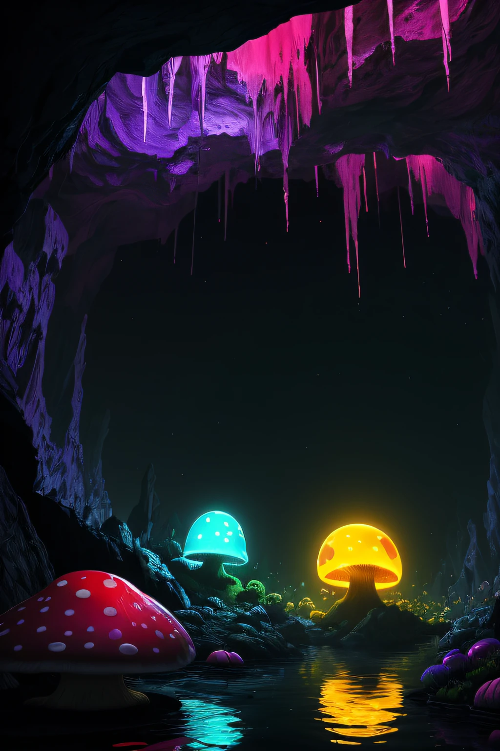 a big cave, spherical, round, (big glowing lake):1.8, no gravity, horror, dark setting, sparkle in the air, dark fog, lightning, grafiti, (skulls:1.1), (psychodelic:2), colorful, rgb, ((neon mushrooms)), gloomy mushrooms, radiant light, acid, ???, beautiful, masterpiece, best quality, highres, 8k, (insanely detailed), reflections:1.15,