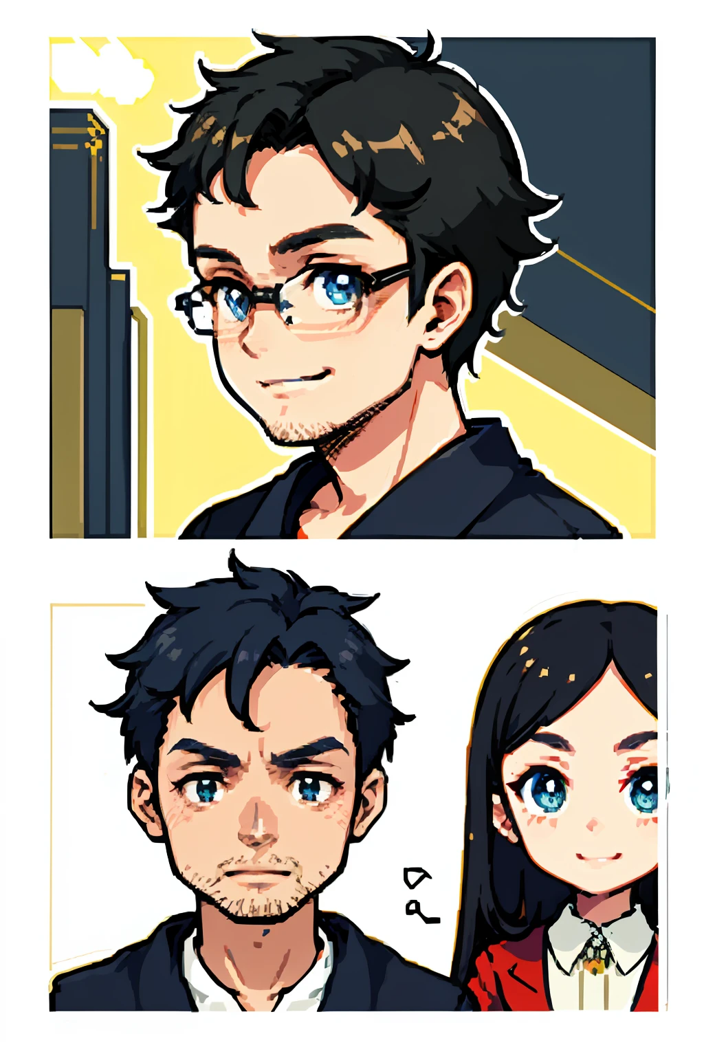 Japanese actor in his late 40s to early 50s. He wears glasses, exuding an intellectual and executive-like aura. He has large, distinctively shaped eyes and a short, well-groomed hairstyle. Additionally, his smile is bright and gives off a friendly impression. His skin tone is healthy, and he has sharp facial features.