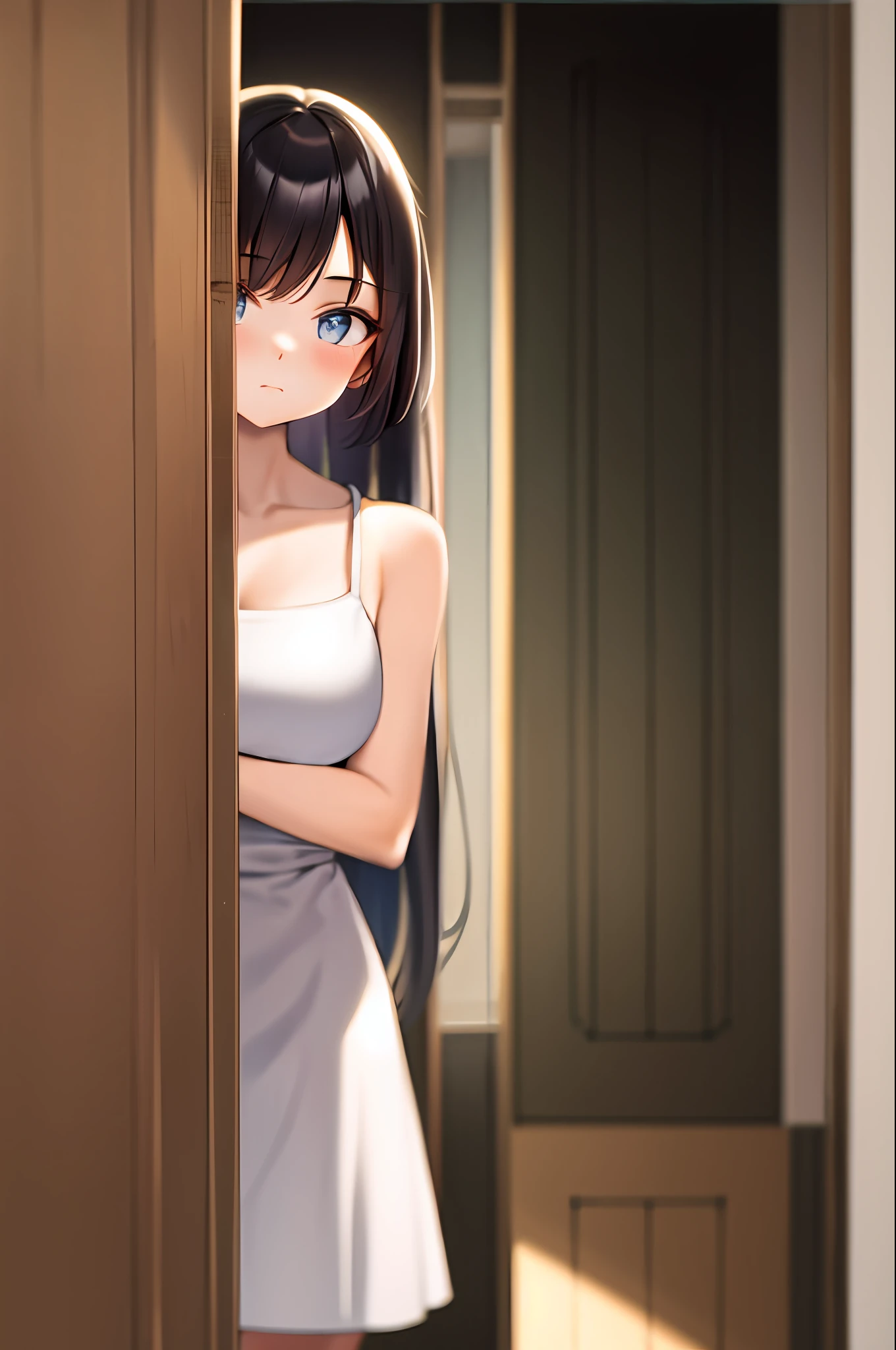 masterpiece, best quality, highres, 1girl, peeking out upper body opening door