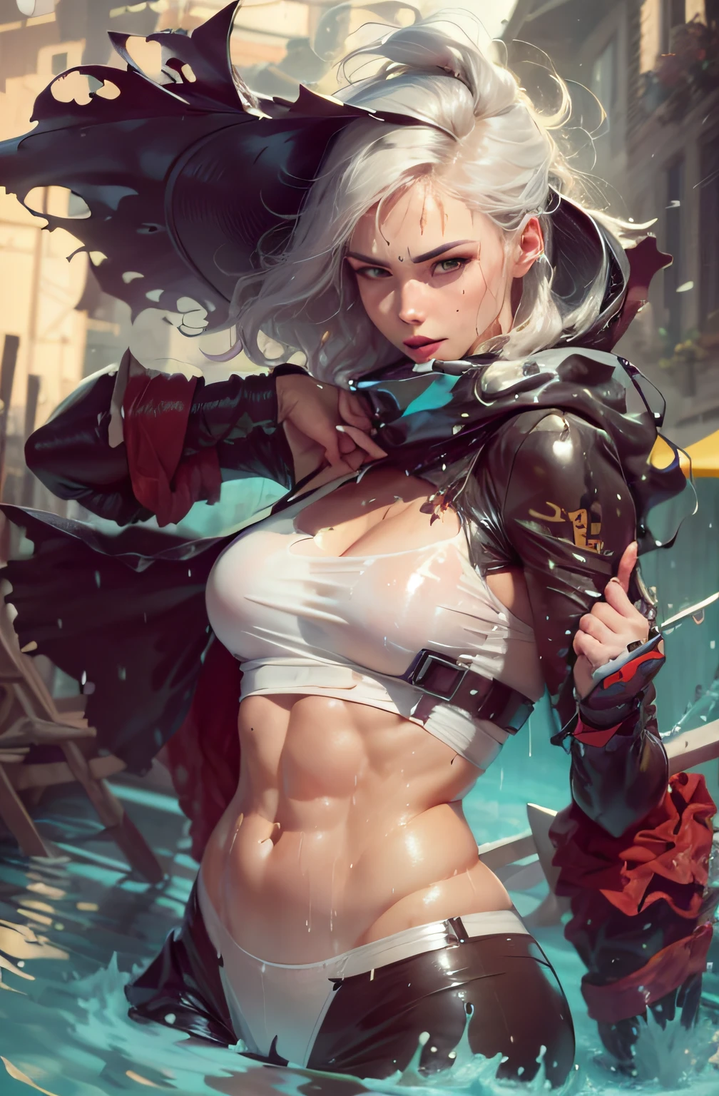 large breasts, body painting. sexy. 1 woman,(Best Quality, 4k, Masterpiece: 1.3), Beautiful Russian Woman,Detailed Fingers,Beautiful Hands, Realistic Naked Hyperwomen, 1girl, (saggy tits, Attractive Body: 1.2), Squats: 1.1, Short White Hair: 1.1, (Wet Rain, Wet Rain, Wet Body: 1.2), Ultra-Detailed Face, Detailed Lips, Detailed Eyes, Double Eyelid, Sensual Neckline Dress, Open Neckline, Drooping Chest, Side Pose, Visible Curves,   Pool Party, Pool Party, Silver Light Robe, , Sunglasses, Muscle Twisted Leg