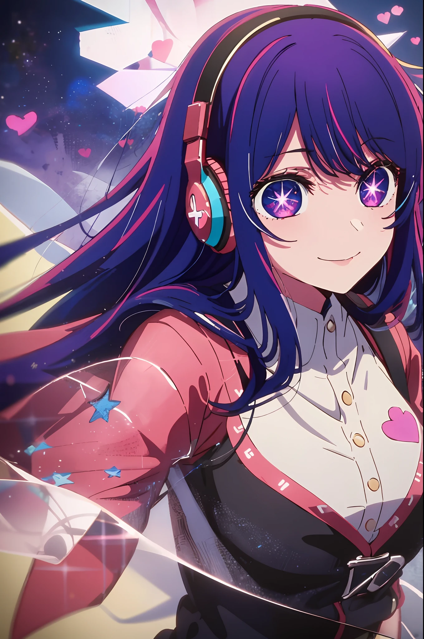 best quality, masterpiece, 2d, masterpiece, best quality, anime, highly detailed, cowboy shot, 1girl, solo, looking at viewer, smile, bangs, Star symbol-shaped pupils, heart-shaped pupils, medium breast, purple hair, purple eyes, Star symbol-shaped pupils, heart-shaped pupils, wearing headphones, white shirt, atmospheric clouds, 8k,(( looking at viewer)), singing, ((close up))