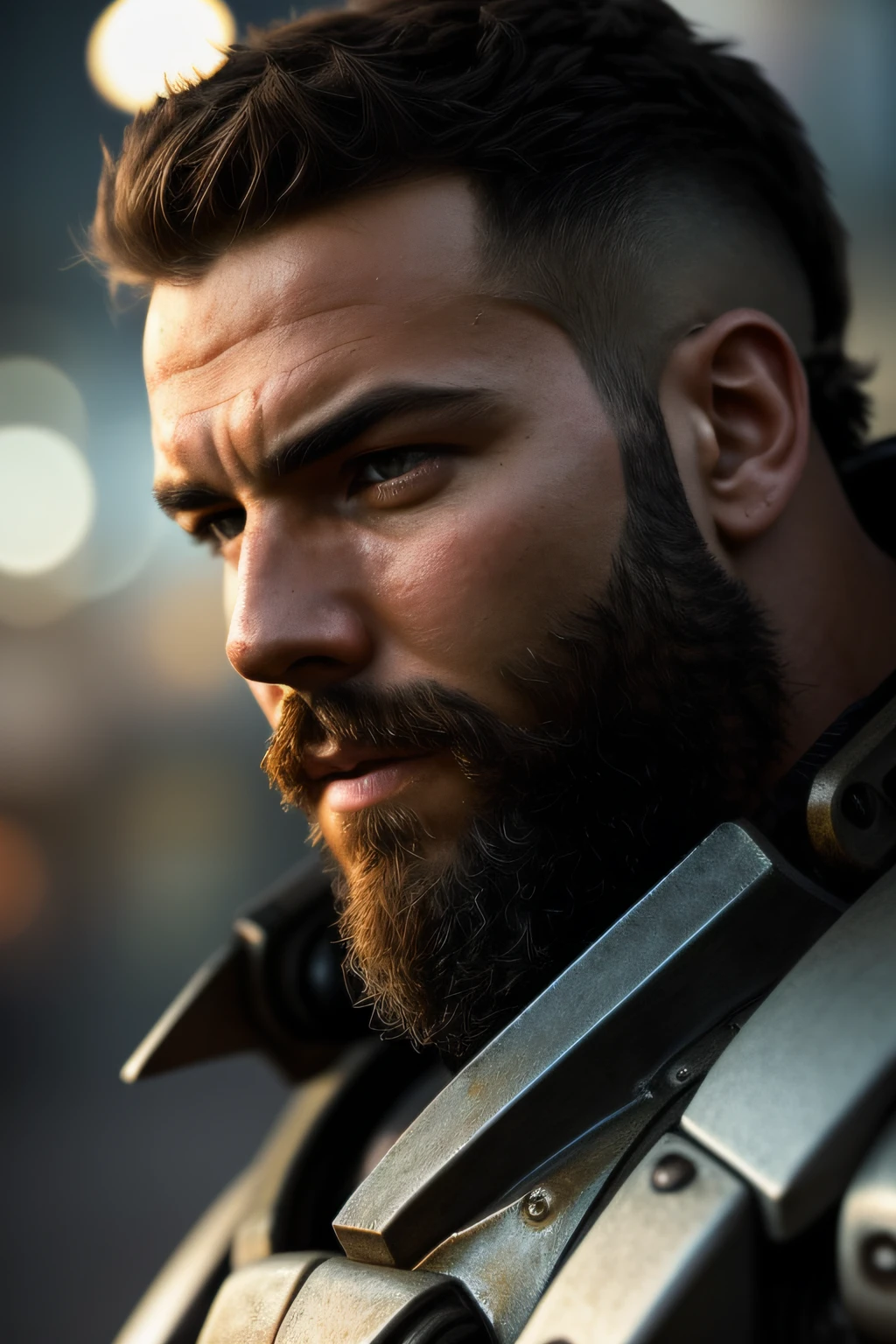 Portrait photo of muscular bearded guy in a worn mech suit, ((light bokeh)), intricate, (steel metal [rust]), elegant, sharp focus, photo by greg rutkowski, soft lighting, vibrant colors, masterpiece, ((streets)), detailed face