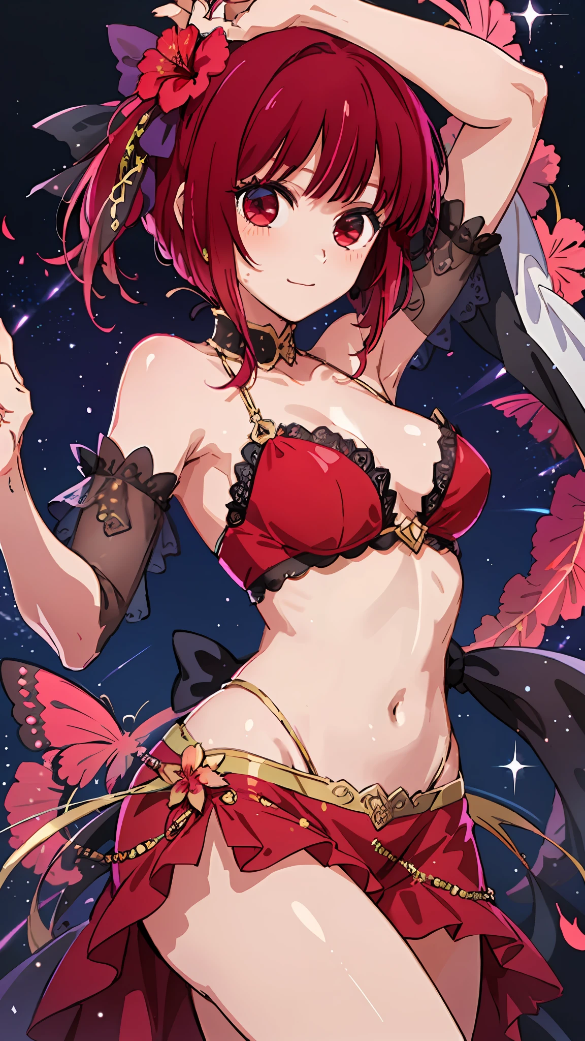 arima kana \(oshi no ko\), kana arima, dancer, belly dance, pareo, southern, hibiscus, night, red hair, short hair, red eyes, sea, hawaii, 1girl (masterpiece) (best quality) (shiny hair) (shiny skin), lace, red dress, sexy, ssr, ur, officialart, Dynamic Pose