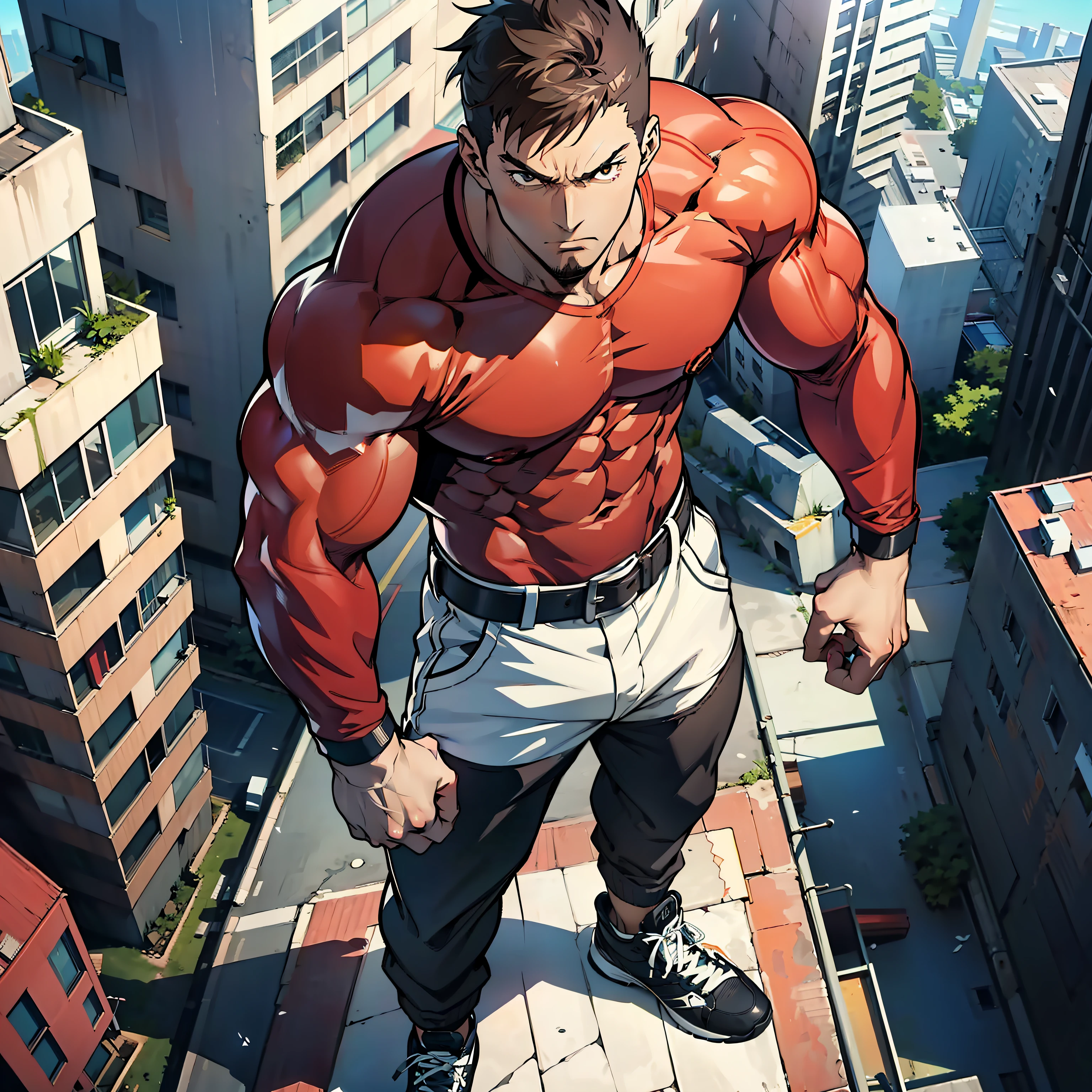 Artwork, full HD, high quality, Generate one (((anime-style art))) with a high-angle photo of a muscular male character with his body facing the camera, THE CHARACTER IS STANDING ON TOP OF A TALL BUILDING, The protagonist must have a (((extremely muscular body)))), very tall, similar to that of a bodybuilder. The character must have very short hair with bangs (((dark brown))) and must be wearing a red long sleeve shirt with black pants and a belt and must be wearing a white sneaker. The image should depict the character's entire body, focusing on his intimidating posture. The protagonist must exude strength and dominance, displaying a powerful presence. The scene should feature only the muscular character, THE CHARACTER SHOULD BE ON TOP OF A BUILDING SHOWING A LARGE CITY BELOW HIM,((( (High quality)))