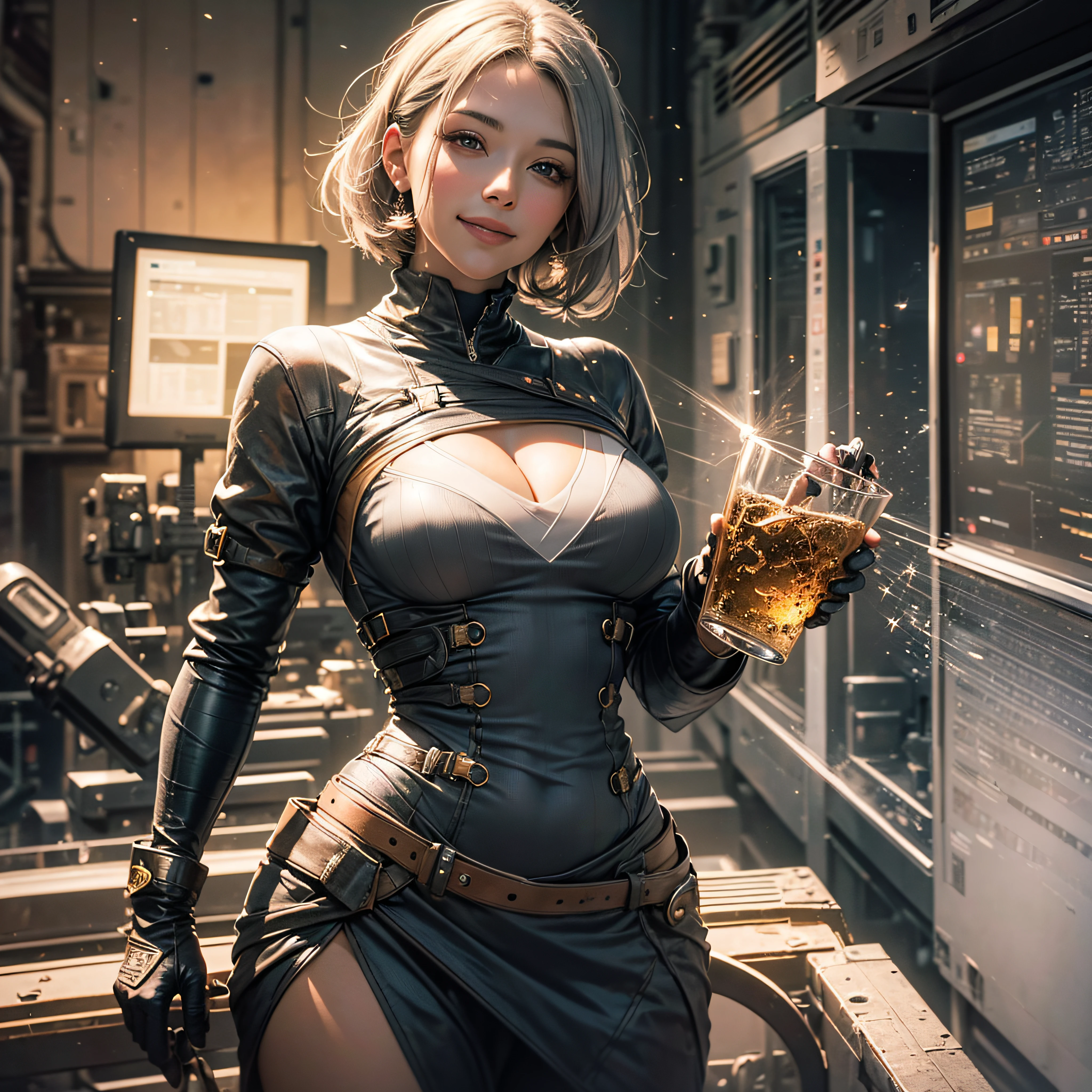 Full body, gray hair, (Dragoon: 1.2), Brantovan, masterpiece, best quality, official art, very elaborate CG Unity 8K wallpaper, for girls, ultra high resolution, (photorealistic: 1.4), golden hour lighting, sweater dress, (upper body), (platinum shorthair: 0.8), (puffy eyes), looking at the viewer, frontal, smile, medium breasts, gentle smile, Shirt lift, gloves, short hair