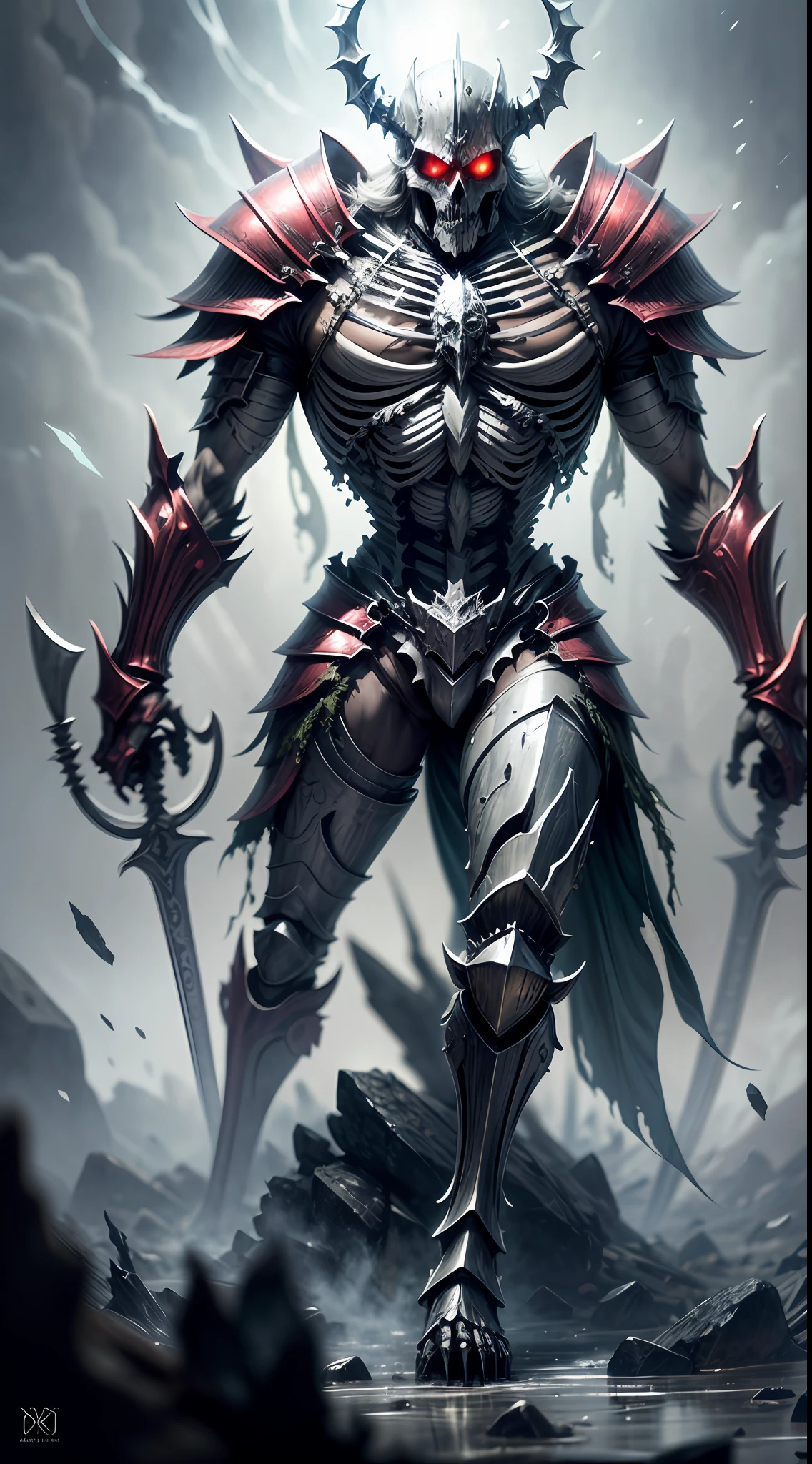 Stand witness to the formidable sight of the skeleton knight, a non-humanoid monster, as it brandishes its terrifying power. In its four hands, the knight wields two large, long swords, dripping with bloodstains that mark the remnants of its merciless conquests. The swords, crafted with malevolence, possess a wicked elegance in their design, their jagged edges and cruel serrations reflecting the knight's insatiable thirst for carnage. The knight's skeletal frame, adorned with bone armor and draped in moss and mud, adds to the aura of dread that surrounds it. Realistic Photography, employing a wide-angle lens to capture the chilling presence of the knight and the ominous glint of its blood-stained swords