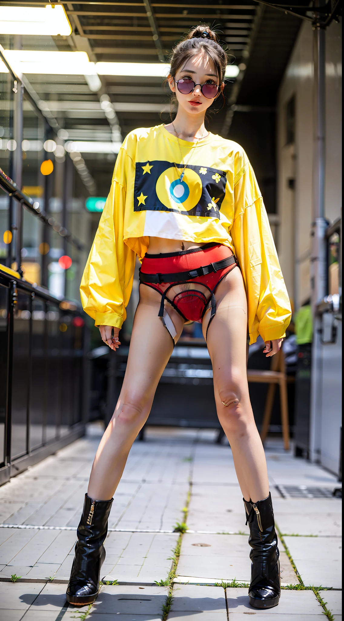 the setting is a futuristic park. the lighting is smooth sunlight. the model is asian. she is standing up and has a cool pose. the model is wearing a casual oversized and t-shirt with medium length sleeves. for the shoes she is wearing futuristic boots. the color of her clothes is luminous Yellow. she is wearing small sunglasses. her accessory is futuristic. the camera captures a fullbody-shot of the model.