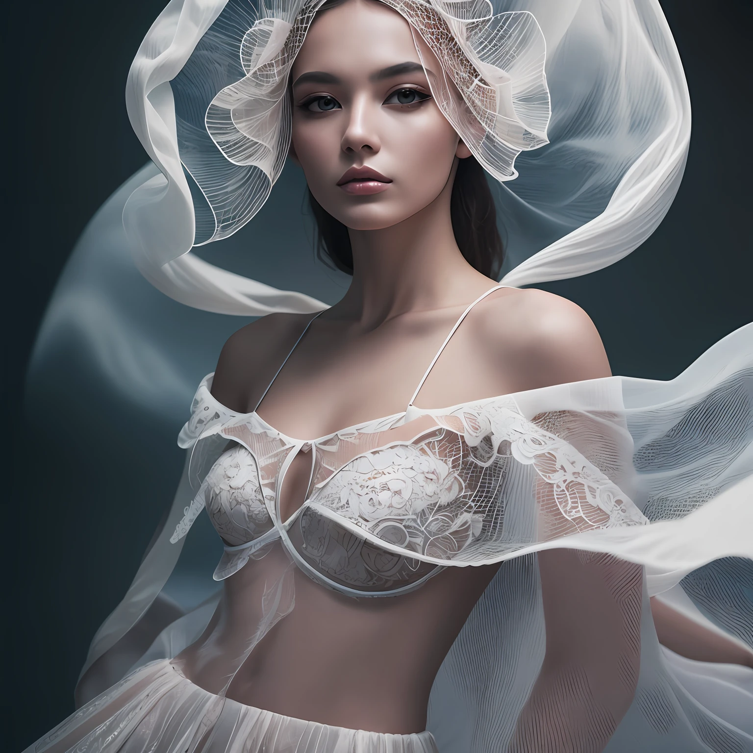 Surreal fashion photography, portrait of a woman up to her chest, avant-garde fashion in translucent flowing fabrics, overhead fabric, telephoto lens, studio lighting, 4K, Canon EOS R3 (and variations of this)