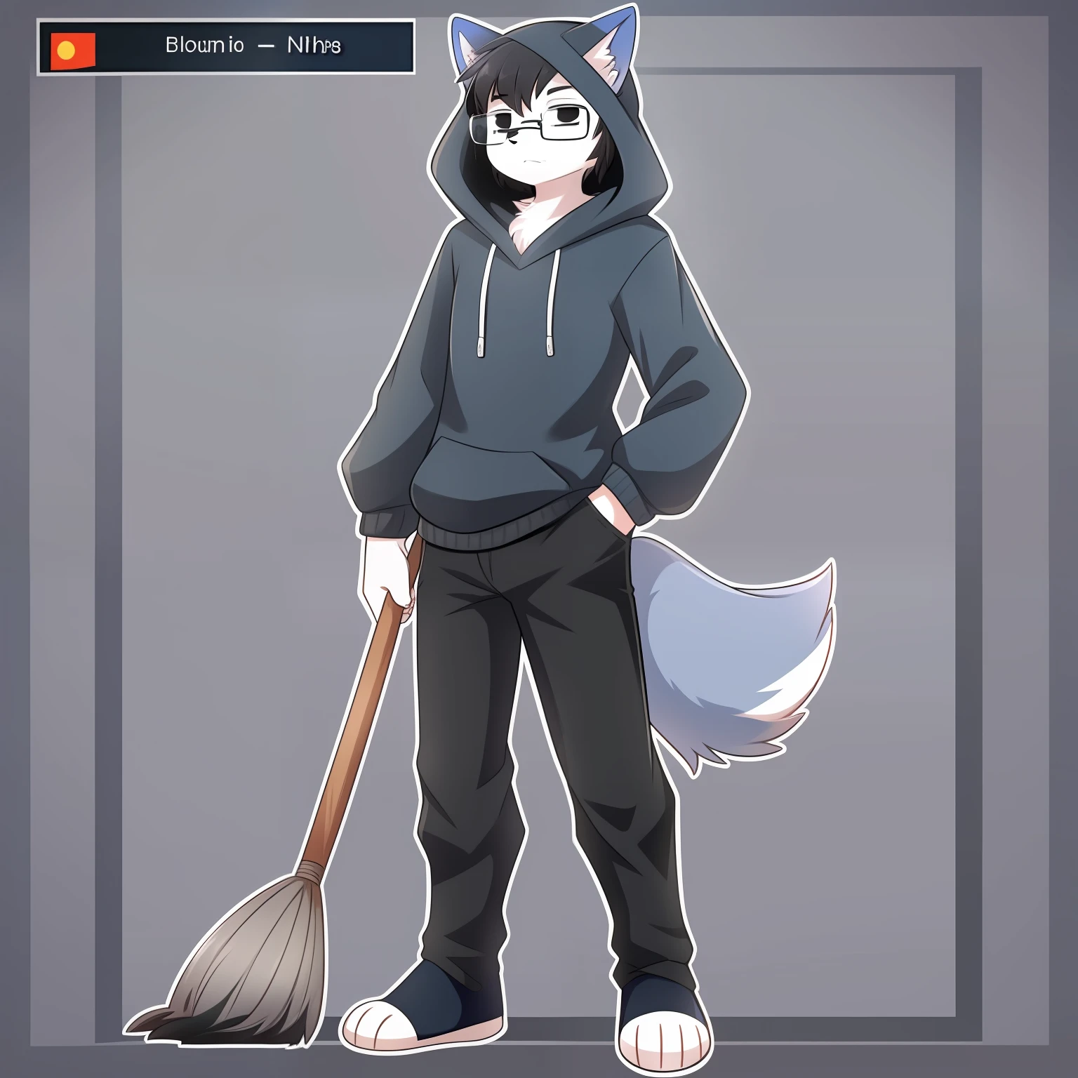 Furry, black eyes, solo, furry, furry male, minor, full body fur, fluffy fur, white paws, gray-blue fur, white fur, gray long dark blue sweatshirt, gray long black pants, black hair, black glasses, fluffy blue tail, short hair, hood, boring, serious, black hair, sweeping bangs, high detail, reference sheet