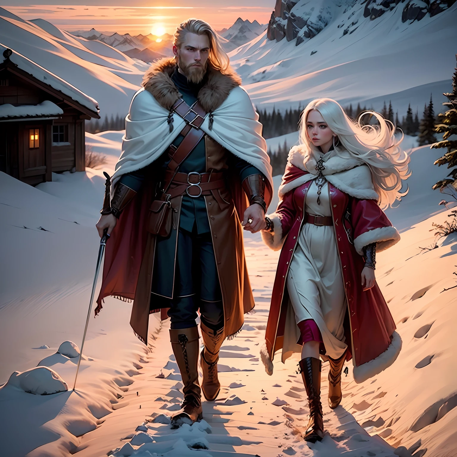 Medieval fantasy, Couple of characters. The man is young, tall, with very dark long hair and furry leather clothes suitable for winter, has seen a furry fur cape, and resembles a Viking with tattoos. And in his right hand he carries a sword. The woman is of short stature, young, incredibly beautiful, delicate, white hair, with long straight hair, light blonde straight hair, wearing winter archer clothes. They are in a mountainous and remote place covered with snow in the light of the sunset. Perfect detailed faces, hyper-detailed, painting. Mucha realistic, sunset light. Amazing color hyperrealistic cover photo. --auto