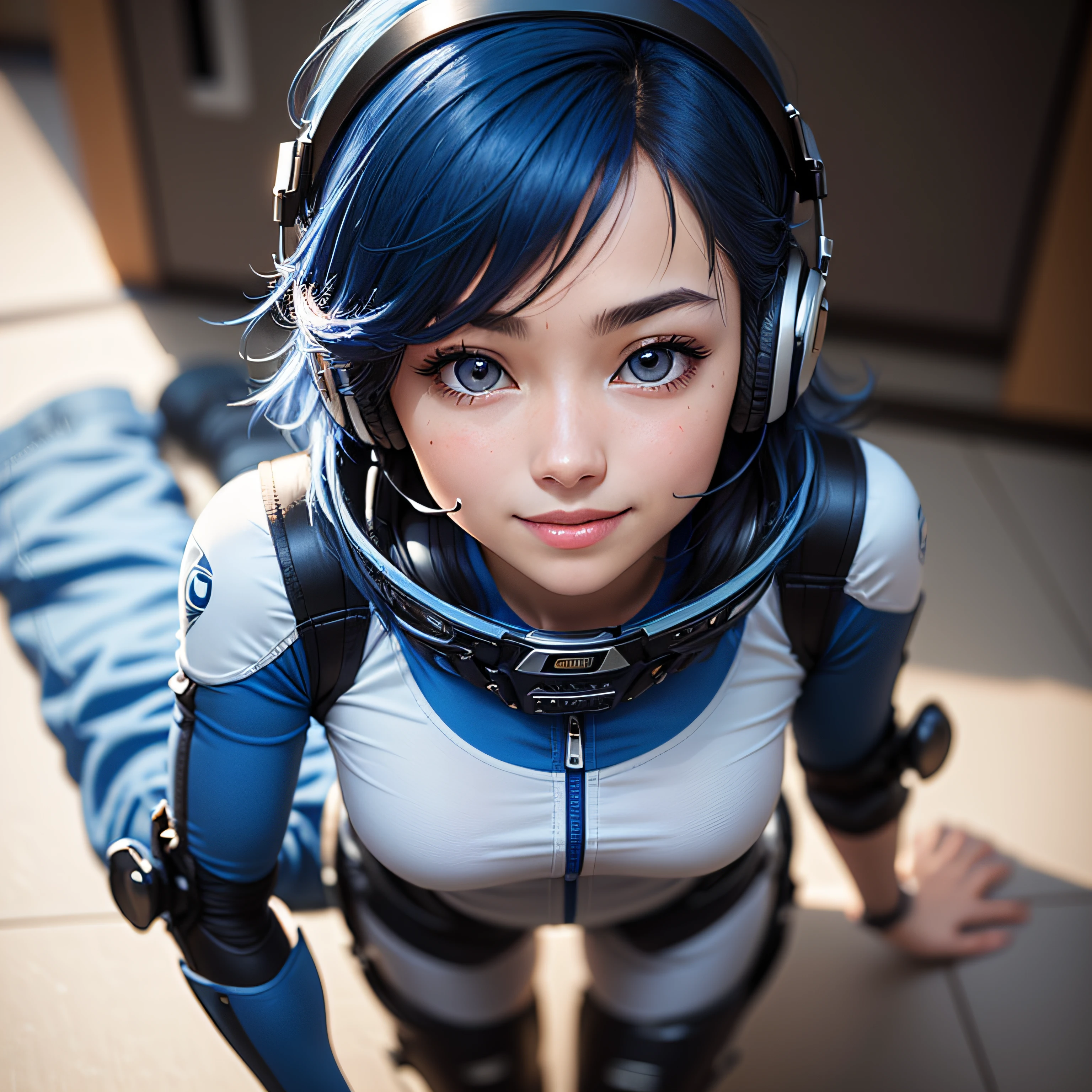 (masterpiece, highest quality, highest resolution, distinct_image, detailed details): (Solo, lone girl, face is Japan person, short cut, blue-haired girl, full body figure, (perfect body: 1.4), sparkly blue color eyes, pilot suit in white and blue color, tight fit clothes, clothes covering the whole body, very delicate and beautiful, detailed skin, slim body, exoskeleton, Gentle smile, heroine, headset, boots)