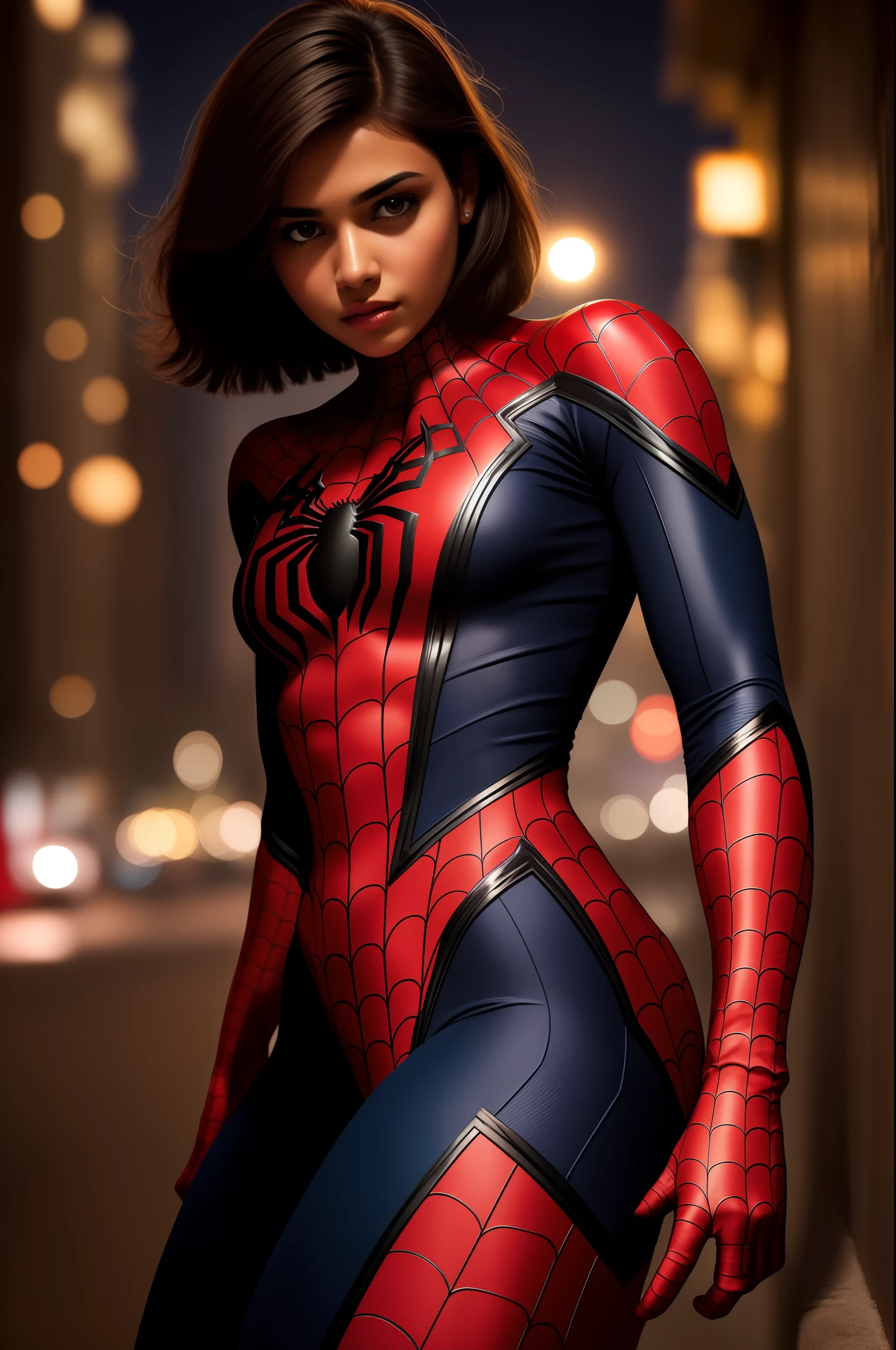 1girl indian , night, cityscape, city lights, upper body, close up, 8k, raw photos, best quality, masterpiece, realistic, photo realistic, spider-man suit, huge, thick thighs, indian face, short hair, brunette hair