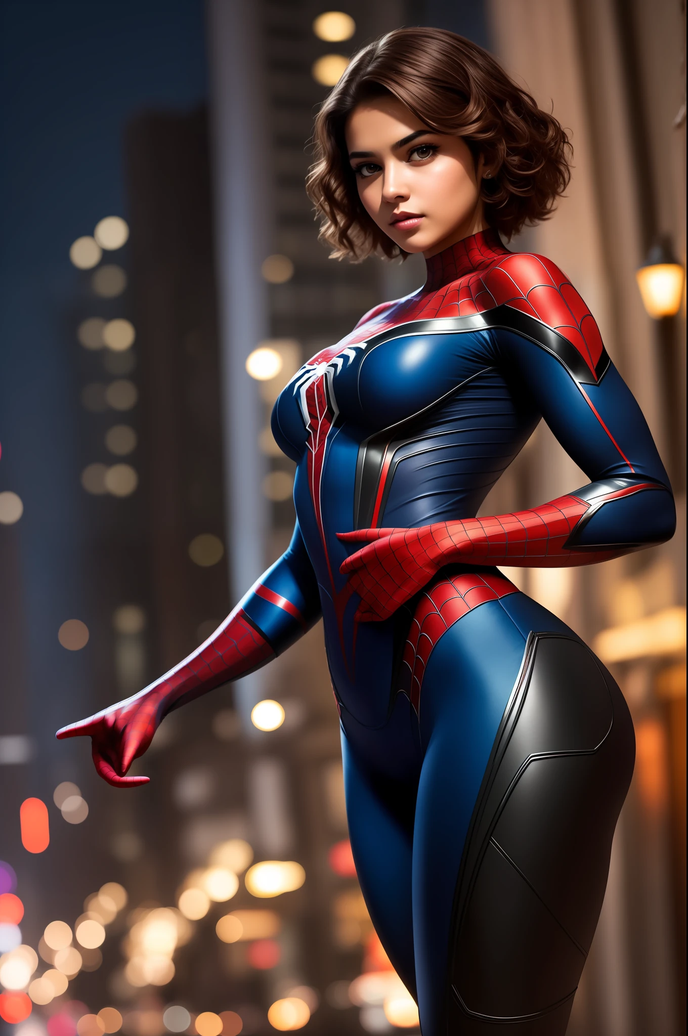 1girl indian , night, cityscape, city lights, upper body, close up, 8k, raw photos, best quality, masterpiece, realistic, photo realistic, spider-man suit, huge, thick thighs, indian face, short hair, brunette hair