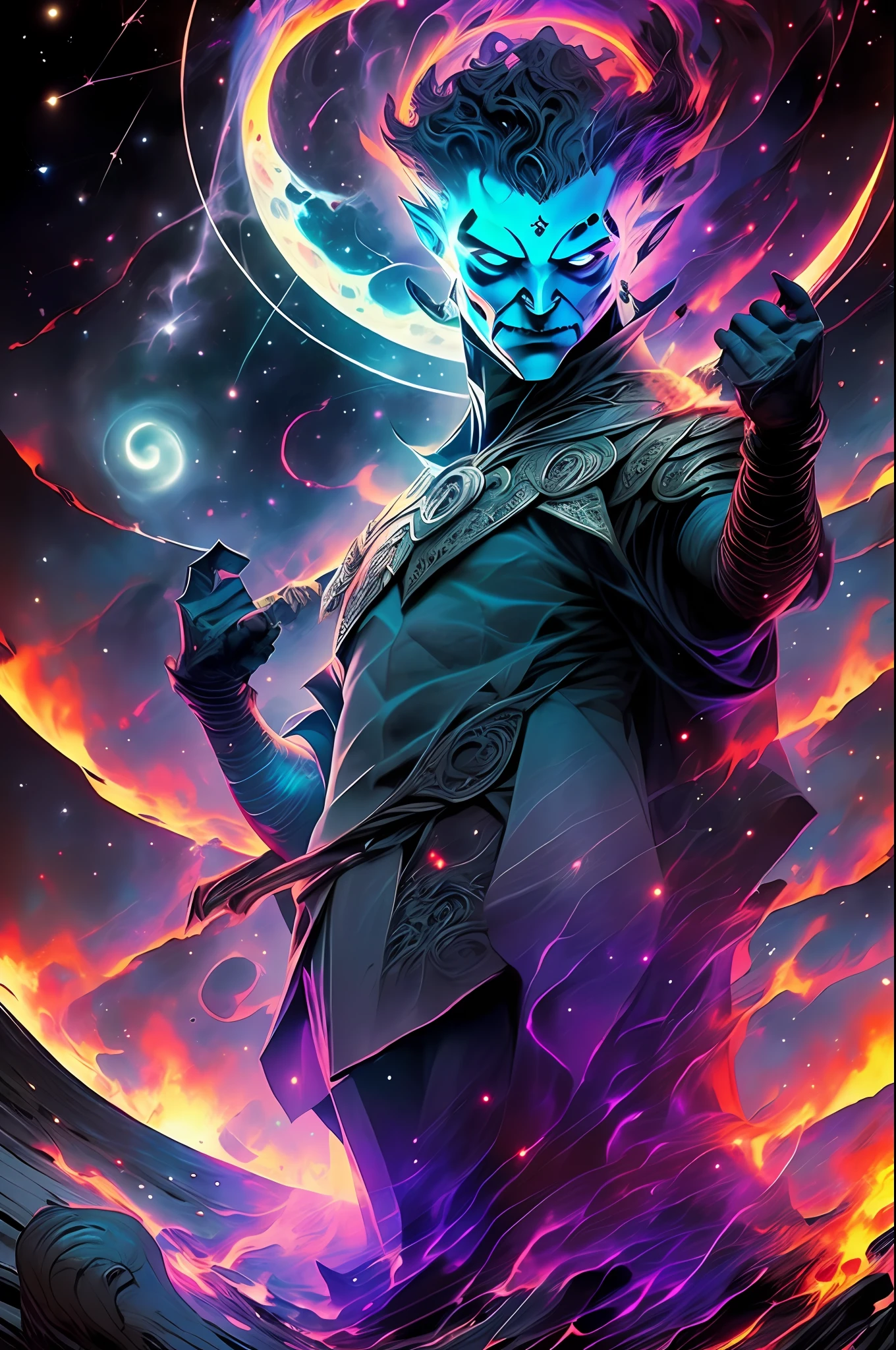 Hades, the God of death. Imposing and shadowy statue of Hades, dressed in black armor and holding a powerful trident. The environment around you is filled with blazing flames and a starry night sky as lost souls float in your domain.