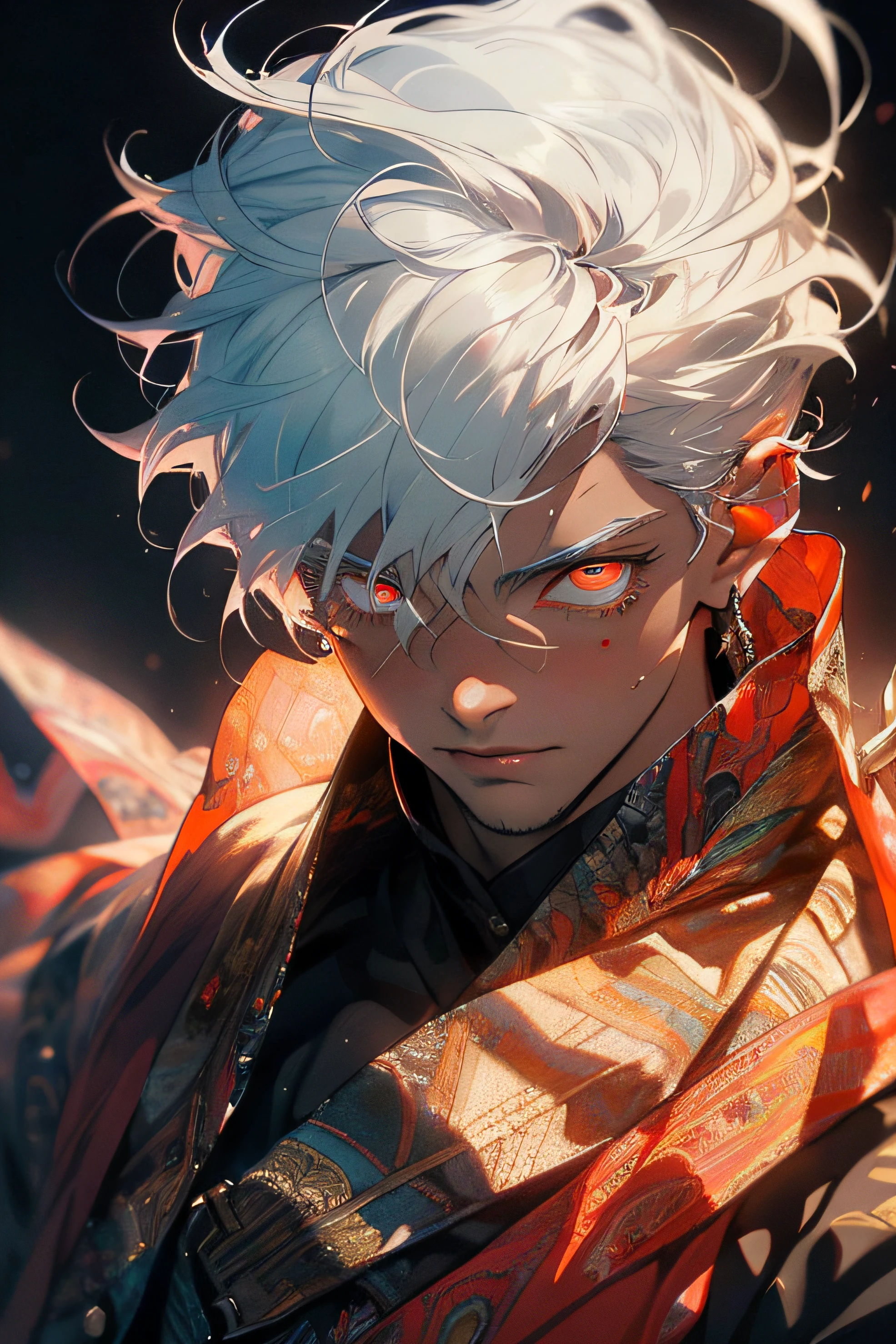 Realistic, (Masterpiece, Top Quality, Best Quality, Official Art, Beauty and Aesthetics: 1.2), Very Detailed, Fractal Art, Colorful, Most Detailed, Zentangle, (Abstract Background: 1.5) (1boy: 1.3), God, White Hair, Short Hair, (Glowing Red Eyes), Mysterious, (Magic), Ice, Handsome Man, Egyptian Style