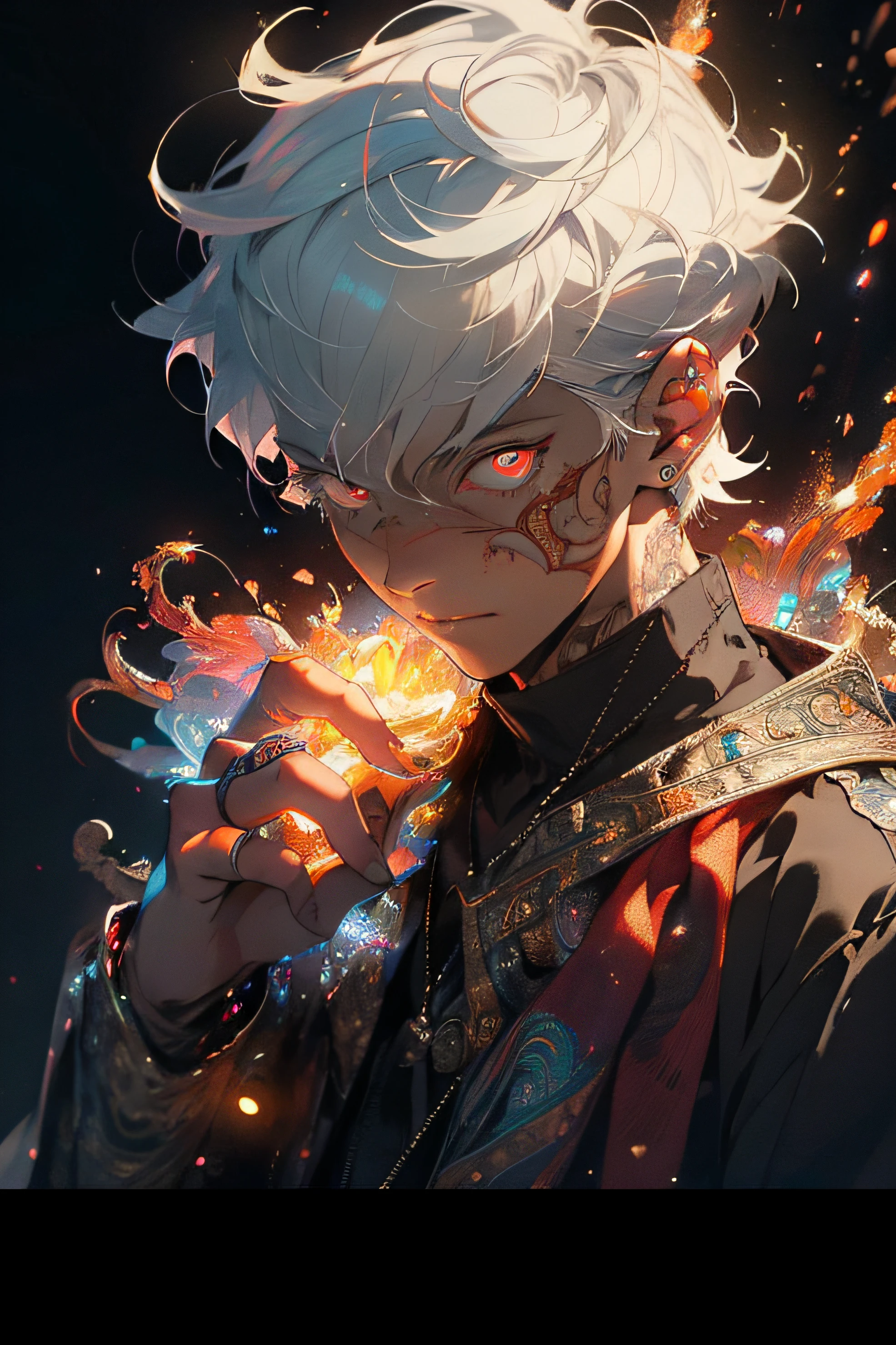 Realistic, (Masterpiece, Top Quality, Best Quality, Official Art, Beauty and Aesthetics: 1.2), Very Detailed, Fractal Art, Colorful, Most Detailed, Zentangle, (Abstract Background: 1.5) (1boy: 1.3), God, White Hair, Short Hair, (Glowing Red Eyes), Mysterious, (Magic), Ice, Handsome Man, Egyptian Style
