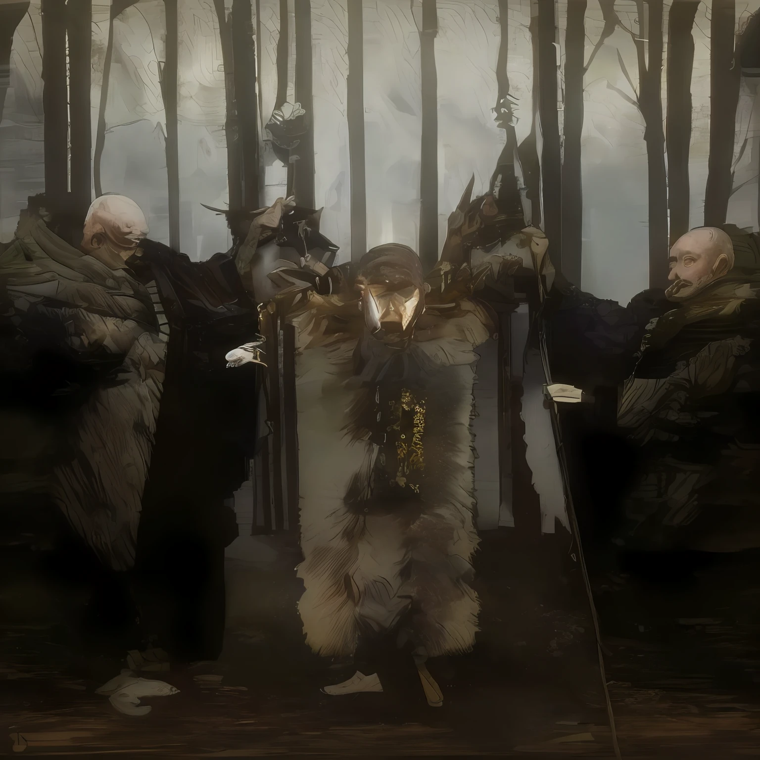 Three men in green robes holding swords in the forest, Ludwik Konarszewski, Mstislav Dobrzynsky, Tadeusz Pruszukowski, Andrzej Wrovski, red robes, forest rituals, Zoran Musich, Rituals in the forest, Maxim Verekhin, highest quality, realistic, photorealistic, best quality, masterpiece, very delicate and beautiful, very detailed, Fine Detail, Ultra Detail, High Resolution, Very Detailed, Realistic, Ultra High Definition, Top Quality, Ultra High Definition, High Quality Textures