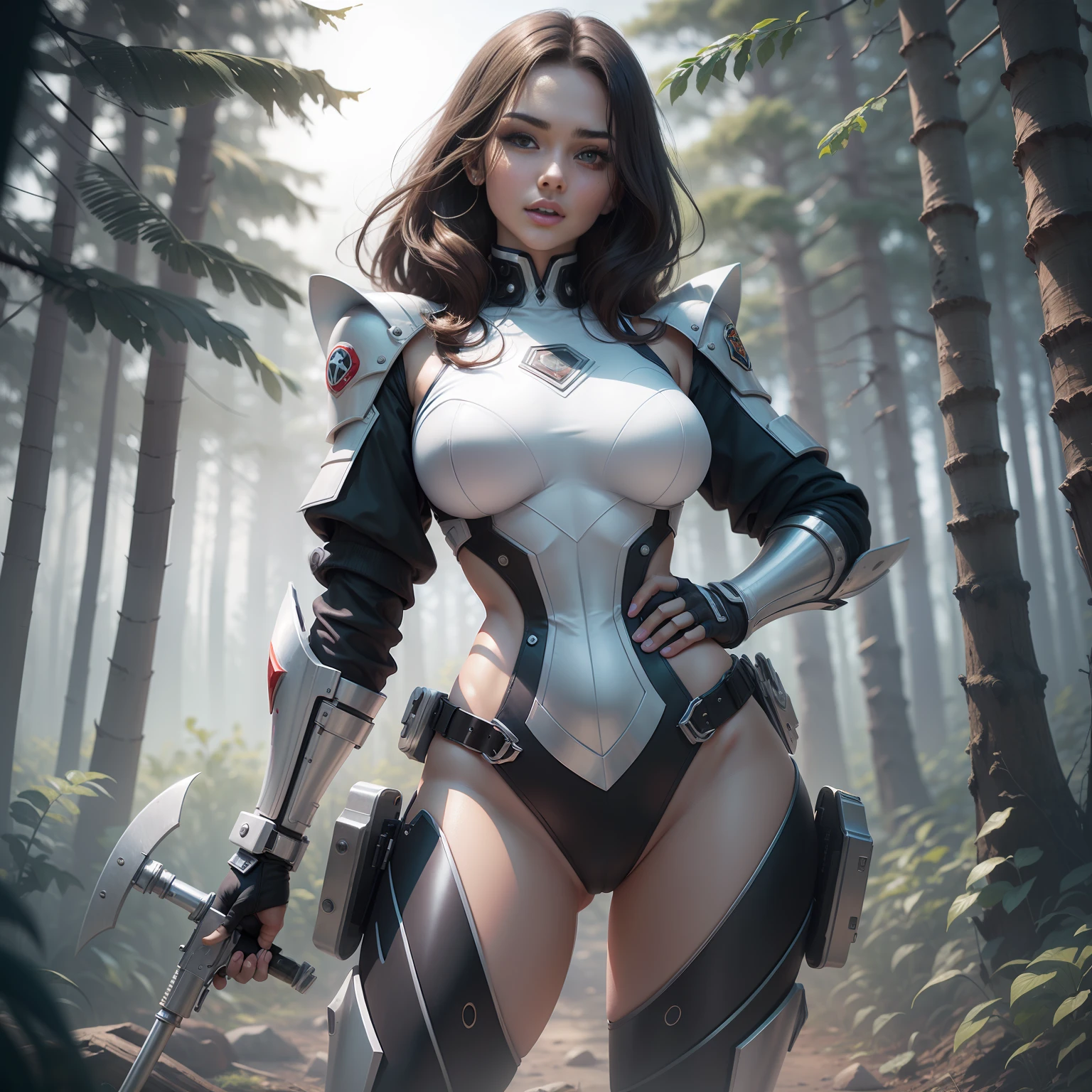 |, high-res, 1woman, In Forest, Similar To Miranda Kerr, perfect face, Wearing white cyberpunk, police, full armor with pants |, Tall & Slender &, pale skin & Dark Brown Hair That Cascades To Her Shoulders & Ultra-Detailed Hazel Eyes & Hourglass Figure |, Shooting up, dynamic pose |, Cosmic Horror Atmosphere |, 4k, masterpiece, best quality,