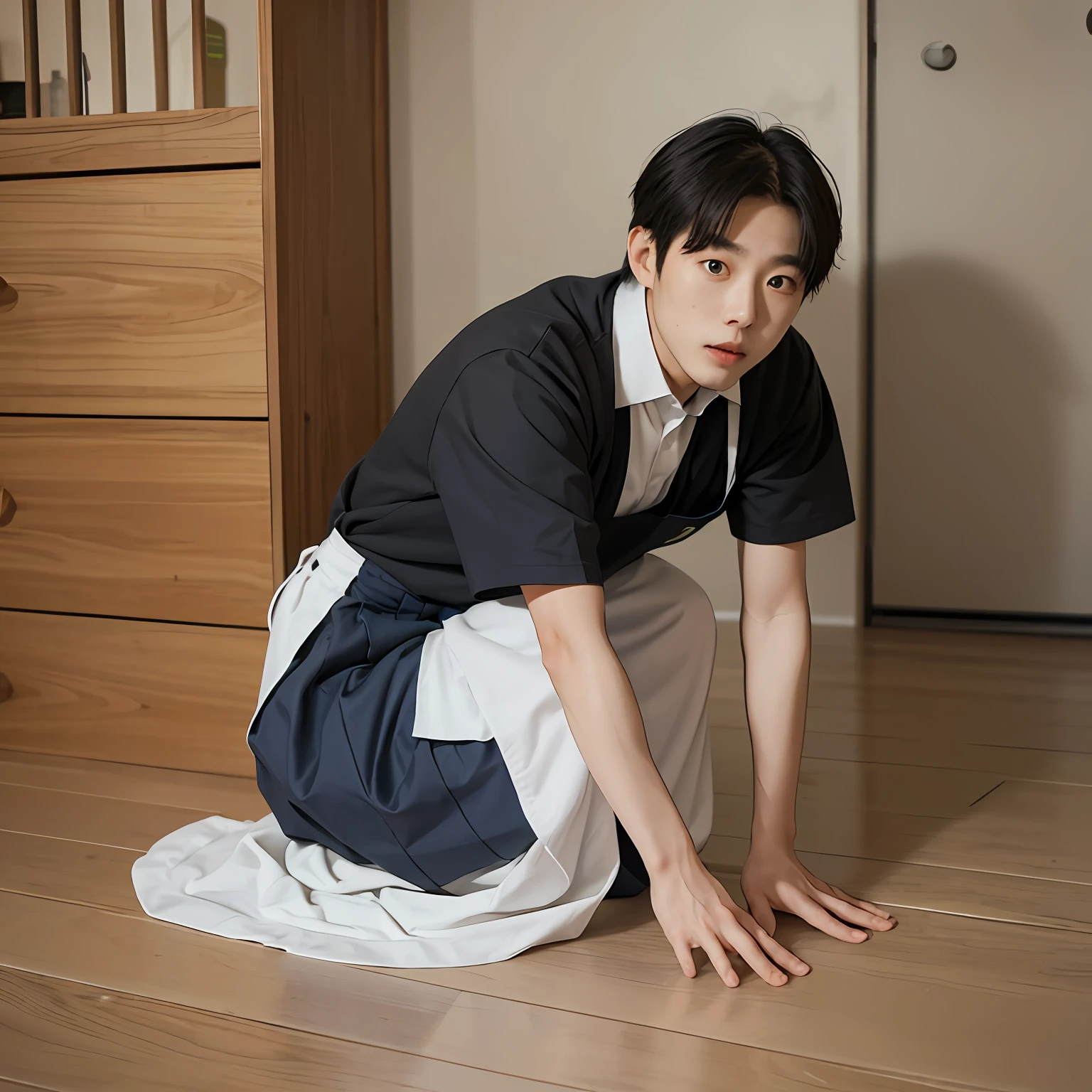 A korea ((man)), wearing a maid skirt, kneels on the floor. indoor