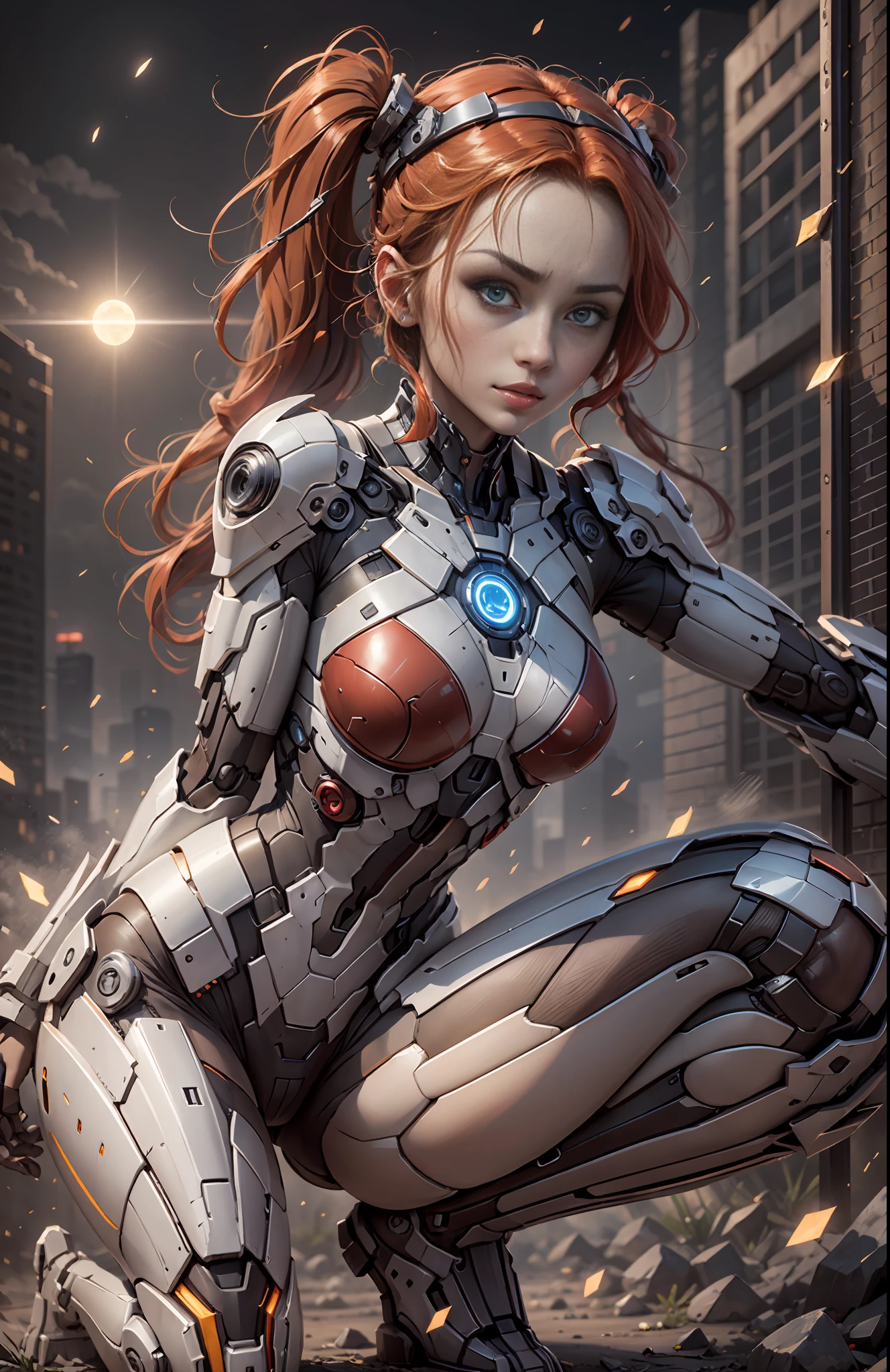 Close Angle(Best Quality)), ((Masterpiece)), (Very Detailed: 1.3), 3D, Beautiful cyberpunk woman, red iron man cosplay, sci-fi technology, HDR (High Dynamic Range), ray tracing, nvidia RTX, super resolution, unreal 5, subsurface scattering, PBR texture, post-processing, anisotropic filtering, depth of field, maximum sharpness and sharpness, multi-layer texture, Specular and albedo mapping, Surface shading, accurate simulation of light-material interactions, perfect proportions, octane rendering, duotone lighting, low ISO, white balance, rule of thirds, wide aperture, 8K RAW, high efficiency subpixels, subpixel convolution, light particles, light scattering, Tyndall effect, very sexy bikini, full body, battle pose, red hair with braids, bats in the notune sky, full moon,