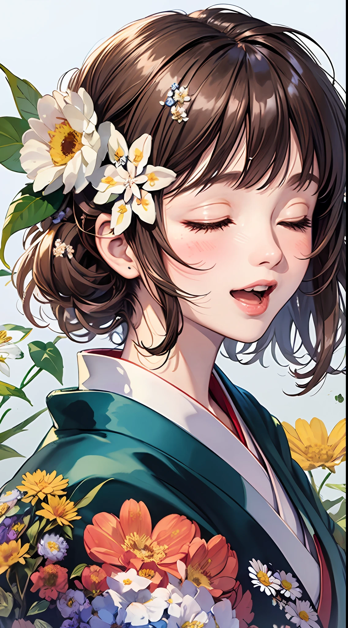 (Masterpiece, best quality, very detailed CG, complex details:1.2),beautiful and aesthetic,animation,1girl,solo,(flower:2),closed eyes,smile,open mouth,white background,blush,japanese clothes,simple background,kimono,facing viewer,upper body,bangs,floral print,brown hair,white flower,(hair flower:2.2),(hair ornament:1.3),:d,hair bun,happy,black hair,^_^,pink flower,orange flower,single hair bun,holding,portrait,leaf,daisy,short hair,red flower,teeth,watercolor \(medium\),