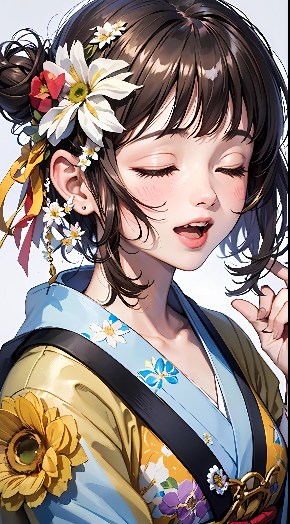 (Masterpiece, best quality, very detailed CG, complex details:1.2),beautiful and aesthetic,animation,1girl,solo,(flower:2),closed eyes,smile,open mouth,white background,blush,japanese clothes,simple background,kimono,facing viewer,upper body,bangs,floral print,brown hair,white flower,(hair flower:2.2),(hair ornament:1.3),:d,hair bun,happy,black hair,^_^,pink flower,orange flower,single hair bun,holding,portrait,leaf,daisy,short hair,red flower,teeth,watercolor \(medium\),