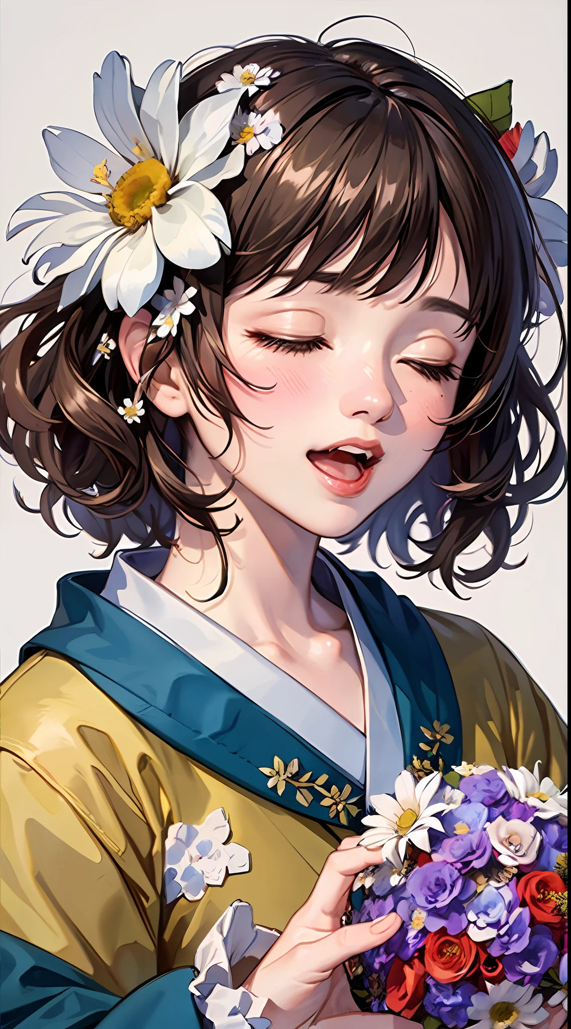 (Masterpiece, best quality, very detailed CG, complex details:1.2),beautiful and aesthetic,animation,1girl,solo,(flower:2),closed eyes,smile,open mouth,white background,blush,japanese clothes,simple background,kimono,facing viewer,upper body,bangs,floral print,brown hair,white flower,(hair flower:2.2),(hair ornament:1.3),:d,hair bun,happy,black hair,^_^,pink flower,orange flower,single hair bun,holding,portrait,leaf,daisy,short hair,red flower,teeth,watercolor \(medium\),