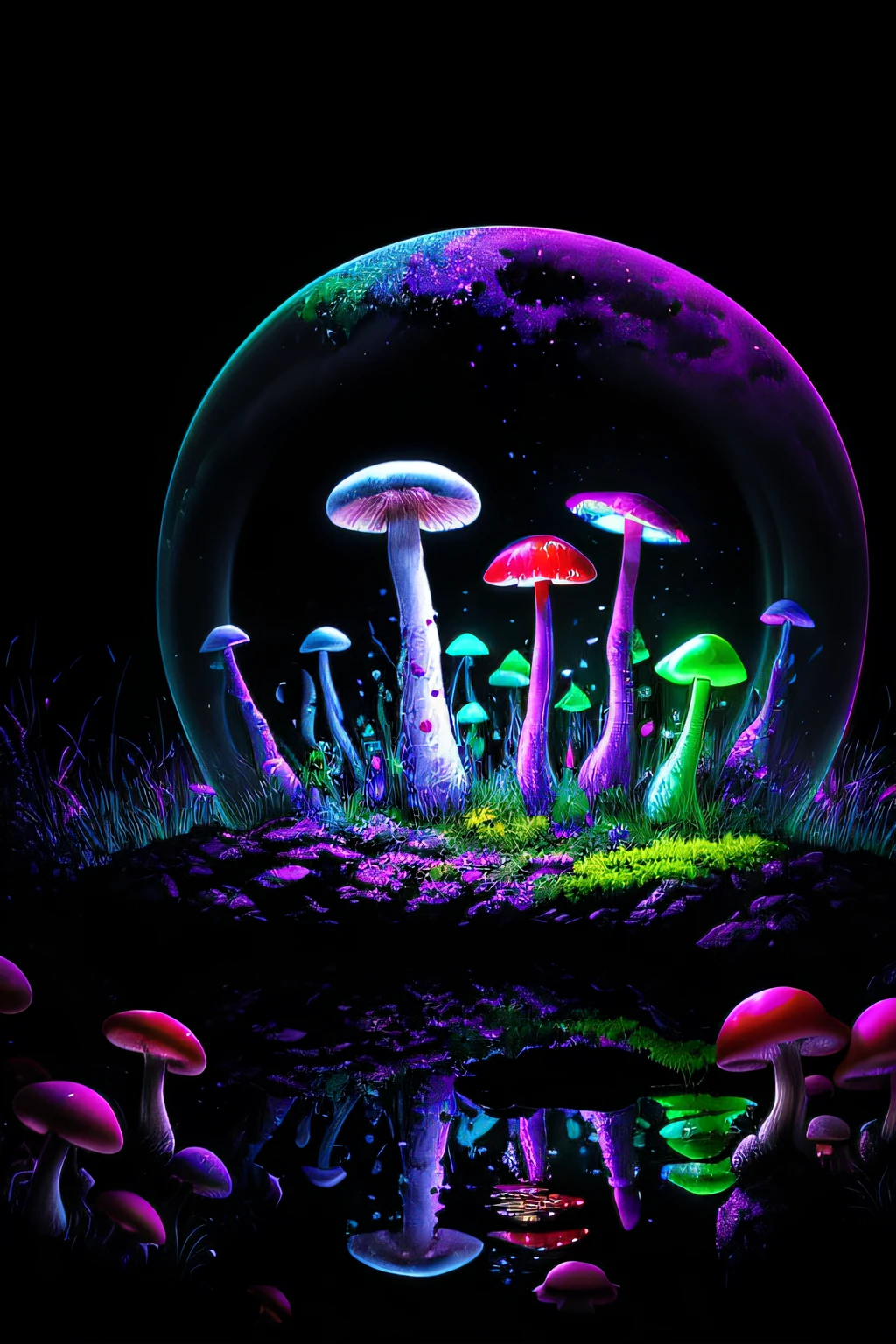 a big cave, spherical, round, (big glowing lake):1.8, no gravity, horror, dark setting, sparkle in the air, dark fog, lightning, grafiti, (skulls:1.1), (psychodelic:2), colorful, rgb, ((neon mushrooms)), gloomy mushrooms, radiant light, acid, LSD, beautiful, masterpiece, best quality, highres, 8k, (insanely detailed), reflections:1.15,