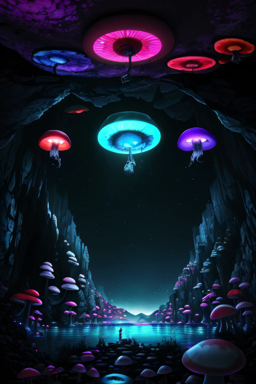 a big cave, spherical, round, (big glowing lake):1.8, no gravity, horror, dark setting, sparkle in the air, dark fog, lightning, grafiti, (skulls:1.1), (psychodelic:2), colorful, rgb, ((neon mushrooms)), gloomy mushrooms, radiant light, acid, LSD, beautiful, masterpiece, best quality, highres, 8k, (insanely detailed), reflections:1.15,