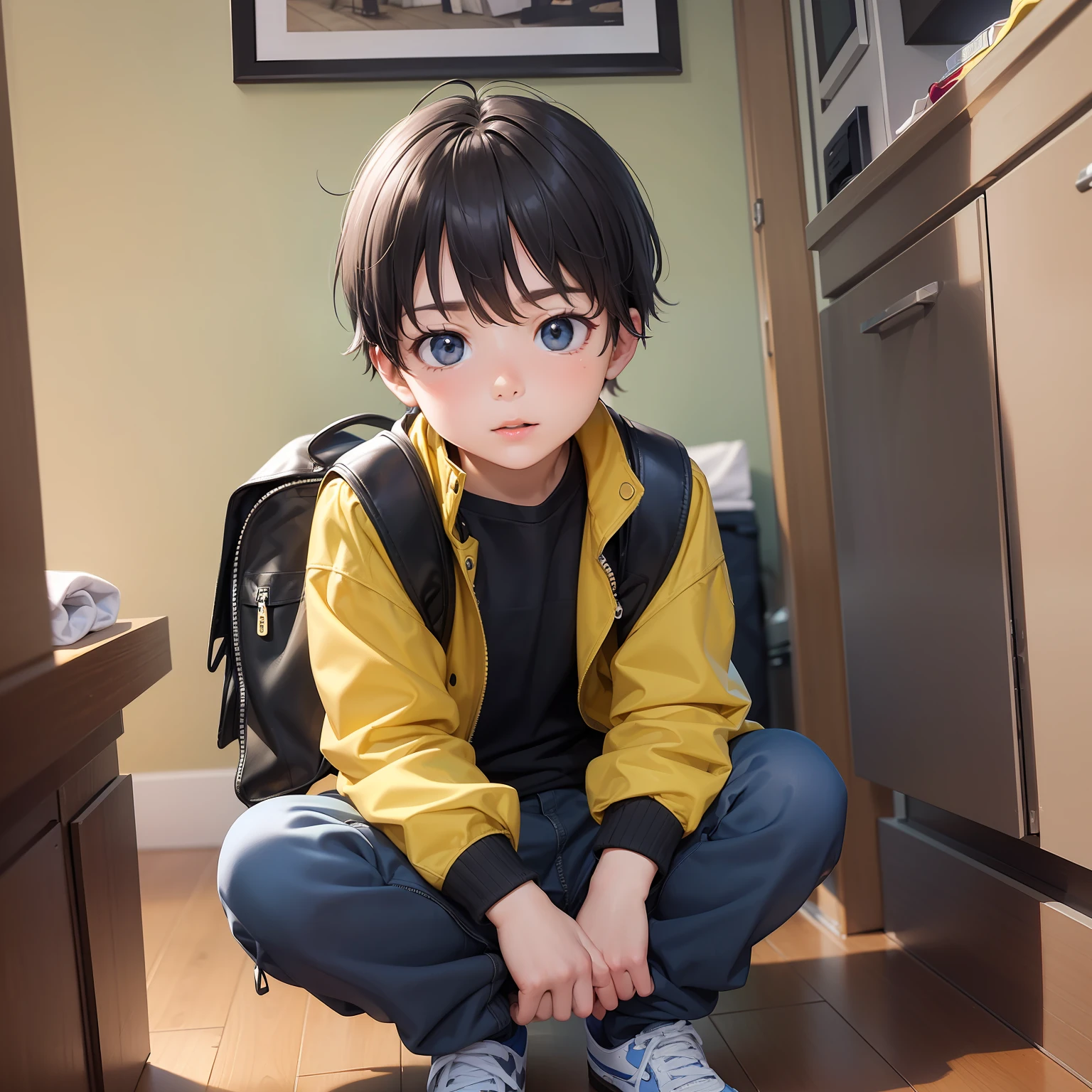 (SFW), ((( American white male boy)))), (((8 years roup leader posture, brave and strong, (((furnished apartment background)))), realistic photo, high resolution, masterpiece, children's book illustration, UHD, Ultra Detailed, Ultra Realistic, Cute Full Color, black leather jacket, yellow shirt inside jacket, black pants, black shoes, explorer's backpack,  Cinematic poster style perfect quality, clear focus, colorful, perfect face, intricate details, ultra-low viewing angle, wide-angle lens