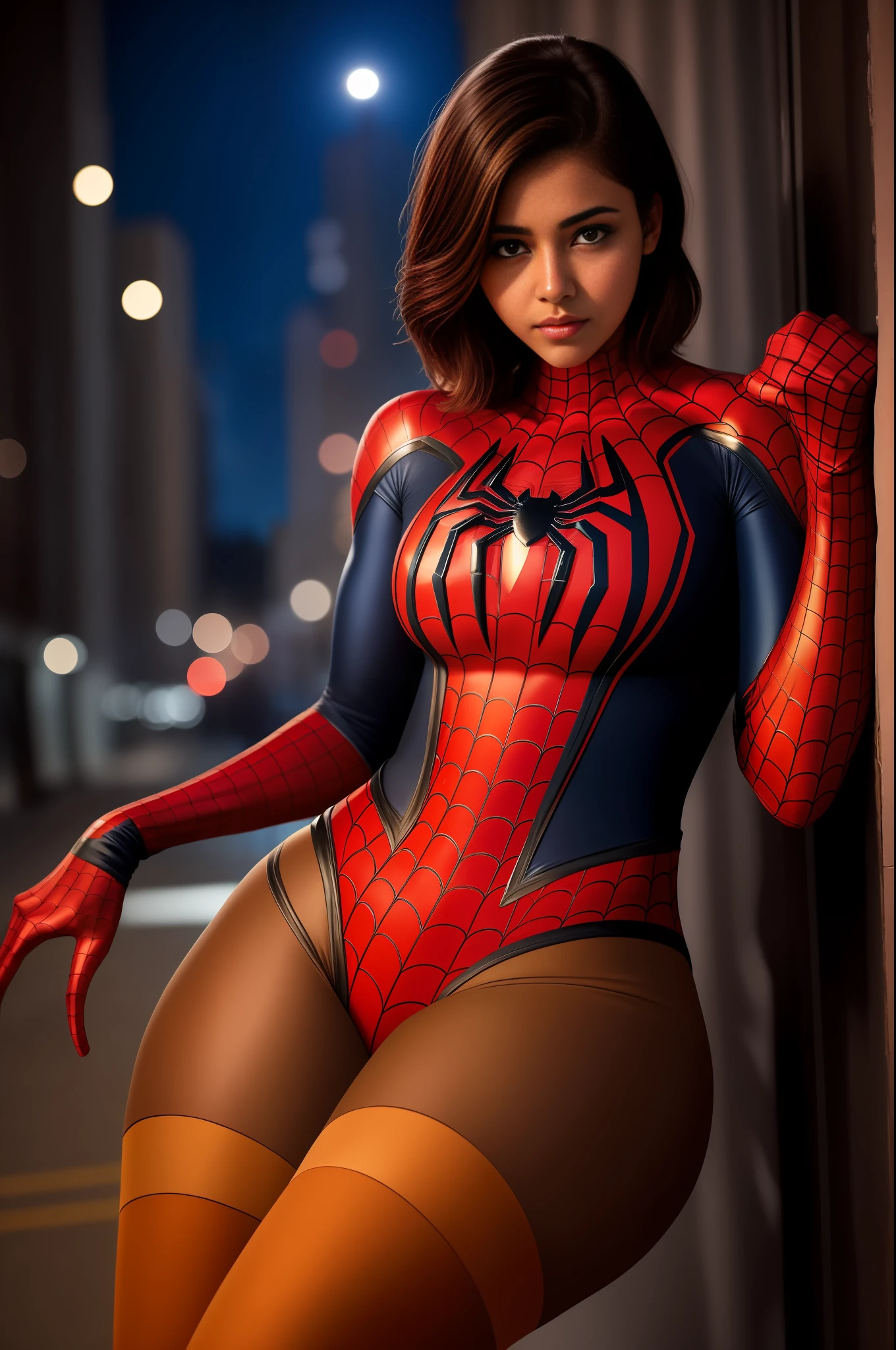 1girl indian , night, cityscape, city lights, upper body, close up, 8k, raw photos, best quality, masterpiece, realistic, photo realistic, spider-man suit, huge, thick thighs, indian face, short hair, brunette hair