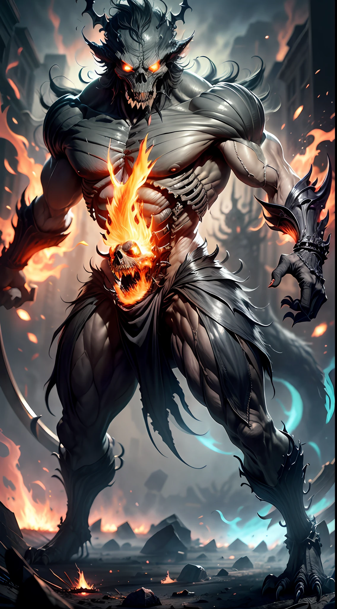 A wide-angle 9:16 view of a monstrous skeletal creature covered in matted hair and bulging muscles. Its head, disproportionately larger than its body, features a grotesque and peculiar appearance, instilling a sense of fear and sorrow. The creature possesses four arms, each wielding a distinct weapon in its hands, showcasing a variety of lethal tools. To intensify its eerie presence, the monster is partially engulfed in flames, radiating an aura of destructive power. Photography, captured with a high-resolution full-frame DSLR using a wide-angle lens, enhancing the intricate details of the creature's anatomy and the flickering flames