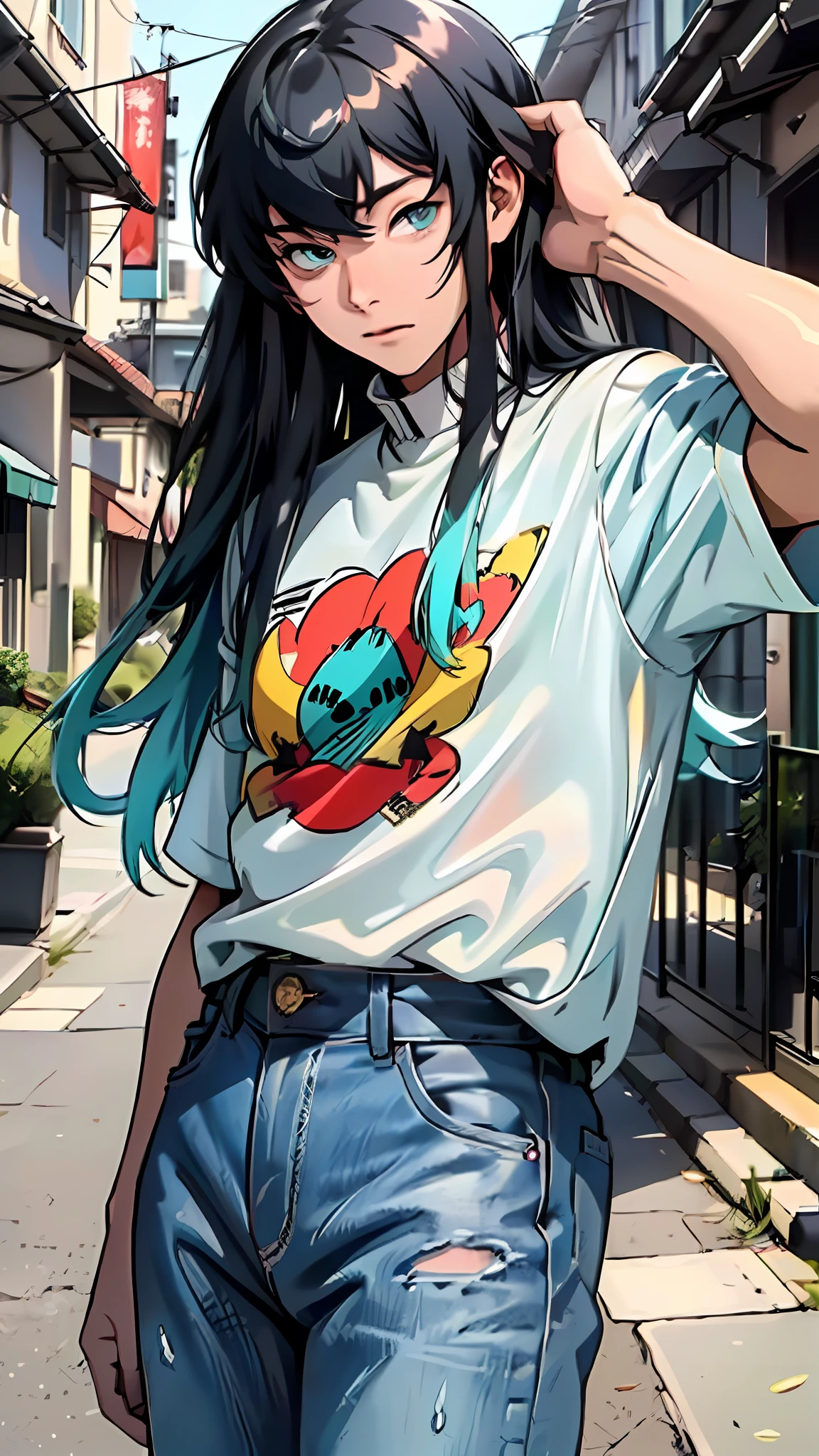 (masterpiece) (best quality) (shiny hair) (shiny skin), Best Quality, (1boy:1), Solo, Long hair, Watch Viewer, Bangs, Black hair, Aqua Eyes, Multicolored hair, Tokito_Muichirou, Men's focus, Jeans, cool clothes,