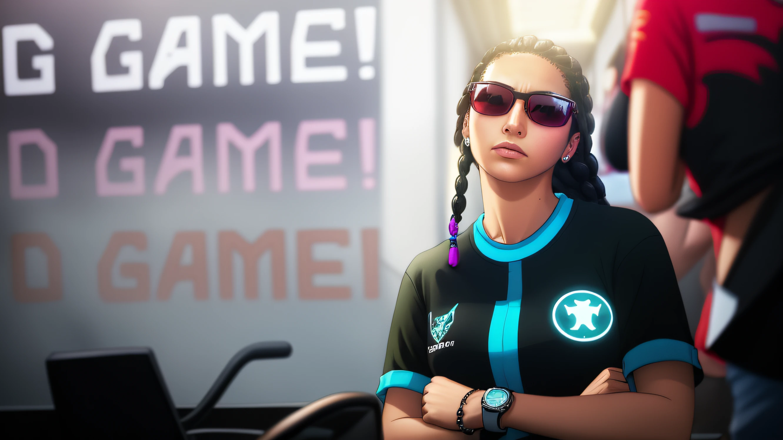 There is a woman standing still, gaming event, gta san andres, serious, white skin, black shirt, black hair with braids