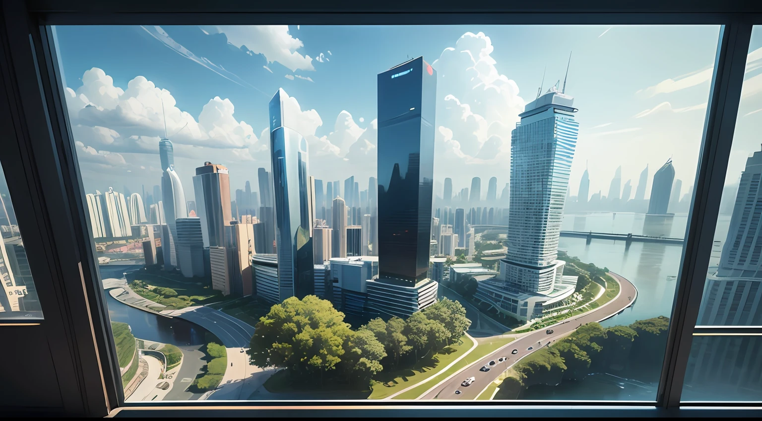 There is a big city with a ship in the middle, Guangzhou, city, mixed development, ultra-fine, ultra-realistic, meticulous, port city, tropical coastal city, super detailed, with high detail, beautiful future city, super detailed, office building, glass curtain wall, there is an island in the city, there are trees on the island, there are tall buildings on the island, greenery, trees, roads surround the city, the city at night, the office building has lights, there are ships on the office building 8k, 16:9 --auto