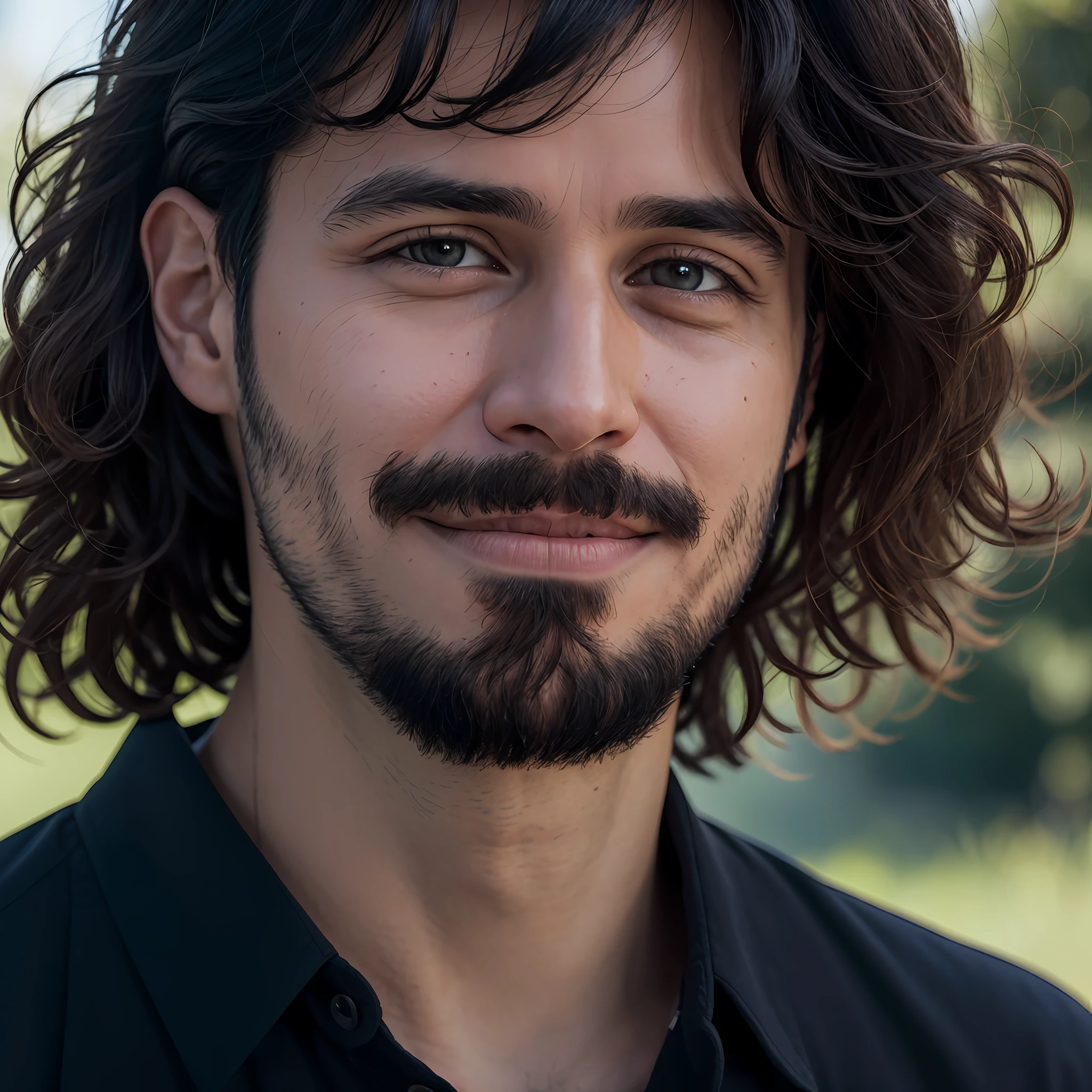 Documentary portrait, libertarian activist, Gael Garcia Bernal, short beard, curly hair, button blouse sweaty skin looking forward confidently, diffused light in front portrait, very realistic, cinema experience, ultra detailed rendering, skin details, 4k, 85mm lens, (front portrait and warm light)