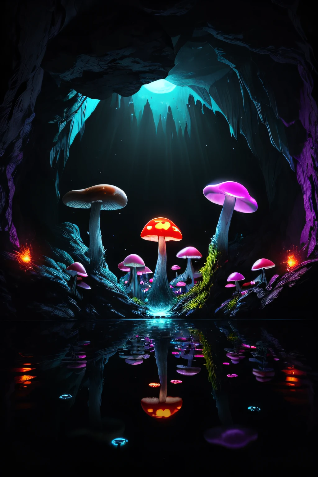 a big cave, spherical, round, (big glowing lake):1.8, no gravity, horror, dark setting, sparkle in the air, dark fog, lightning, grafiti, (skulls:1.1), (psychodelic:2), colorful, rgb, ((neon mushrooms)), gloomy mushrooms, radiant light, acid, LSD, beautiful, masterpiece, best quality, highres, 8k, (insanely detailed), reflections:1.15,