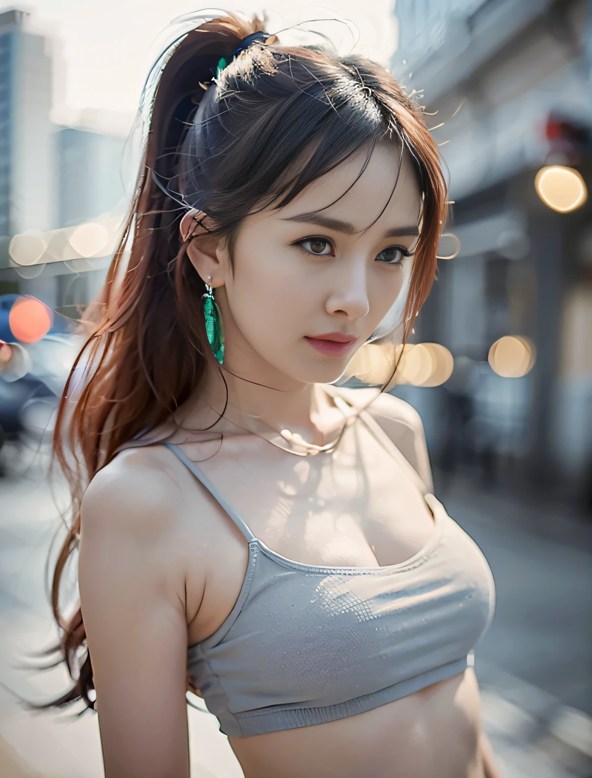 yangmi,mimi,random pose, (very delicate and beautiful piece), (masterpiece), a girl, (schoolgirl: 1.2), high resolution, waistline, twisted ponytail, charming expression, beautiful clear eyes, green pupils, delicate earrings, fairy-like ears, simple blurred background, very detailed description, beautiful face, delicate figure, thin collarbone, beautiful lips, soft back view, mix4, (8K, RAW photo, top quality, masterpiece: 1.2), (Realistic, Realistic: 1.37), A Girl, Cute, Cityscape, Night Rain, Professional Lighting, Photon Mapping, Teleportion, Physically Based Rendering, (Shiny Skin: 1.2)