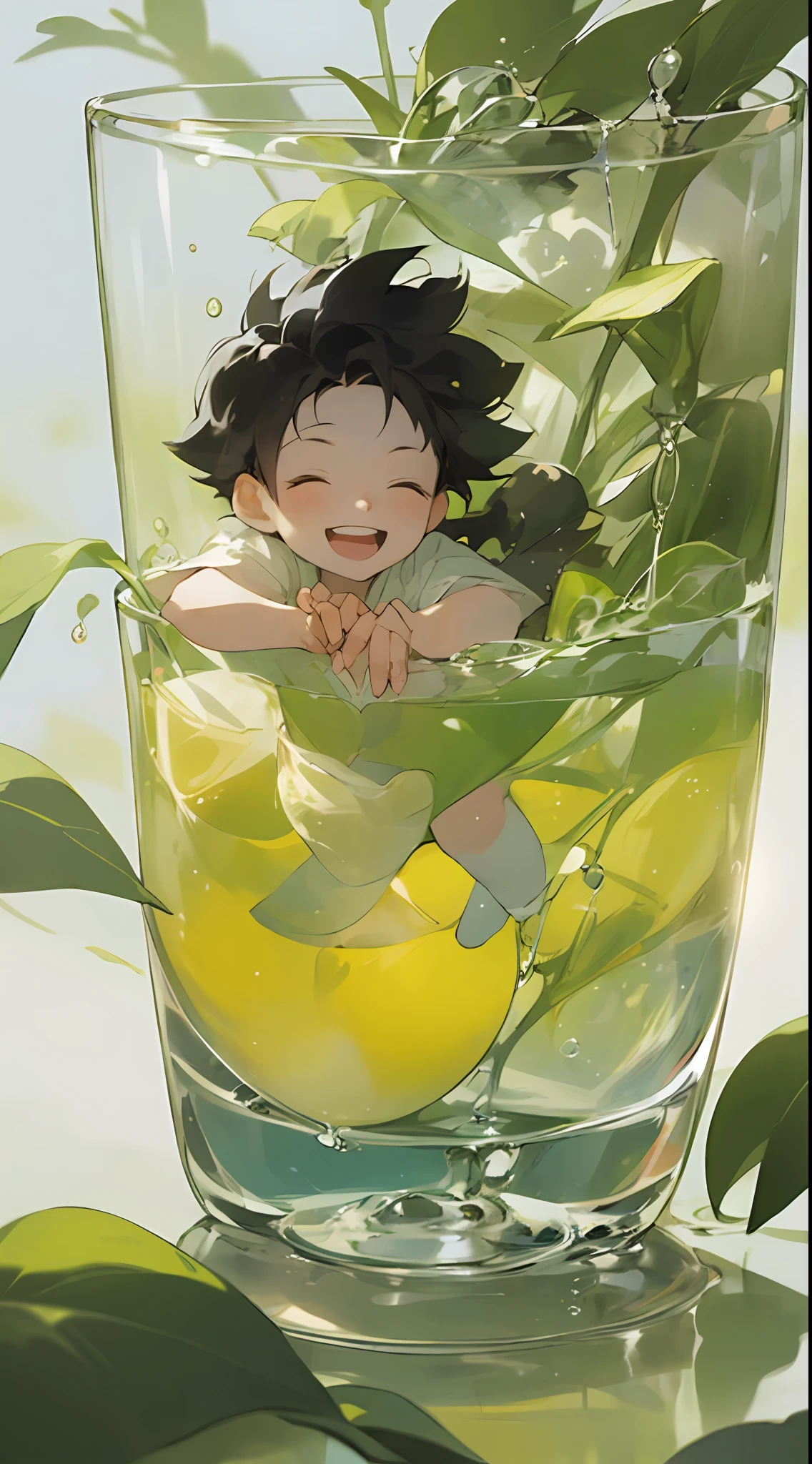 A little boy lies in a glass, laughing, cool liquid, sunlight, shade,