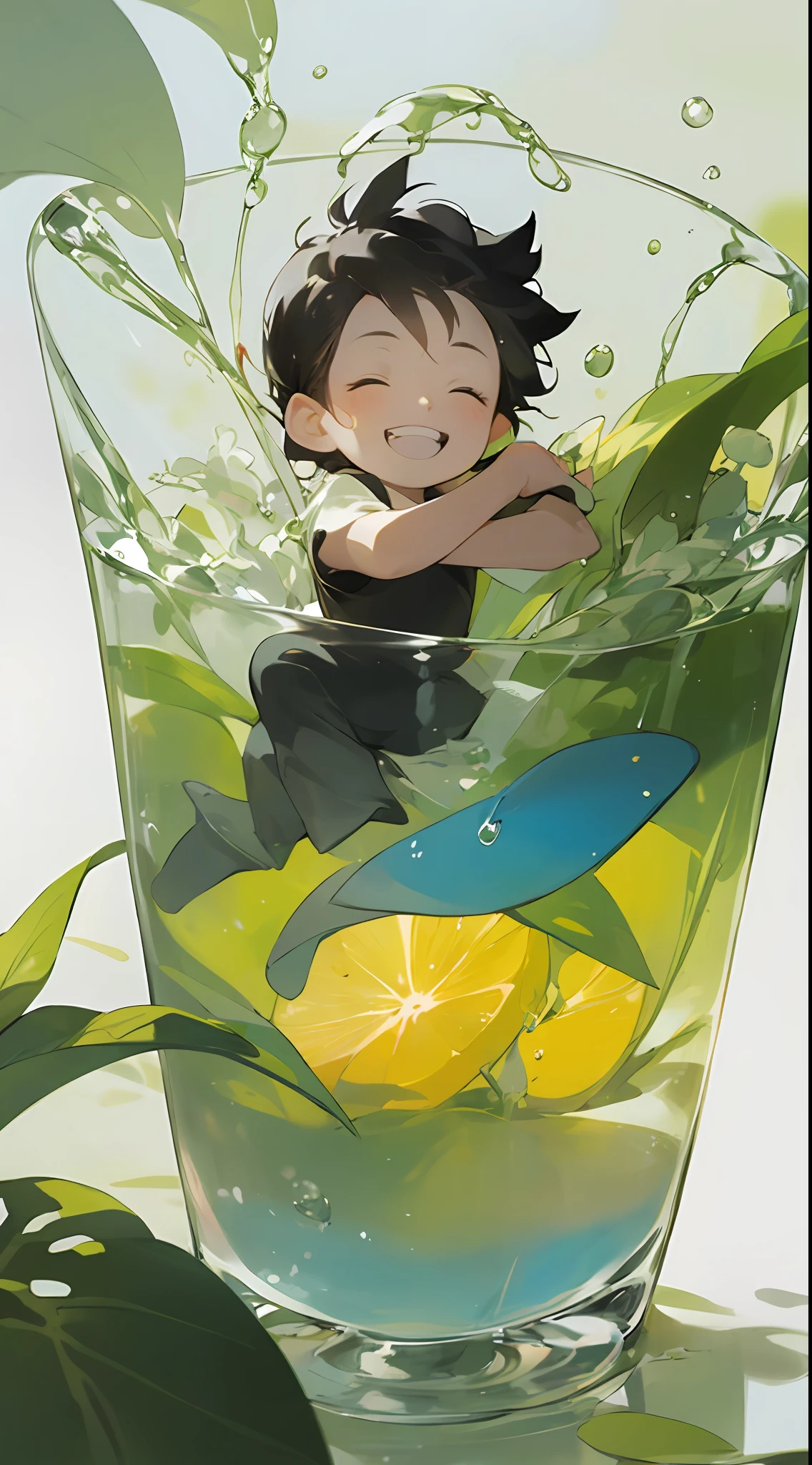 A lies in a glass, laughing, cool liquid, sunlight, shade,