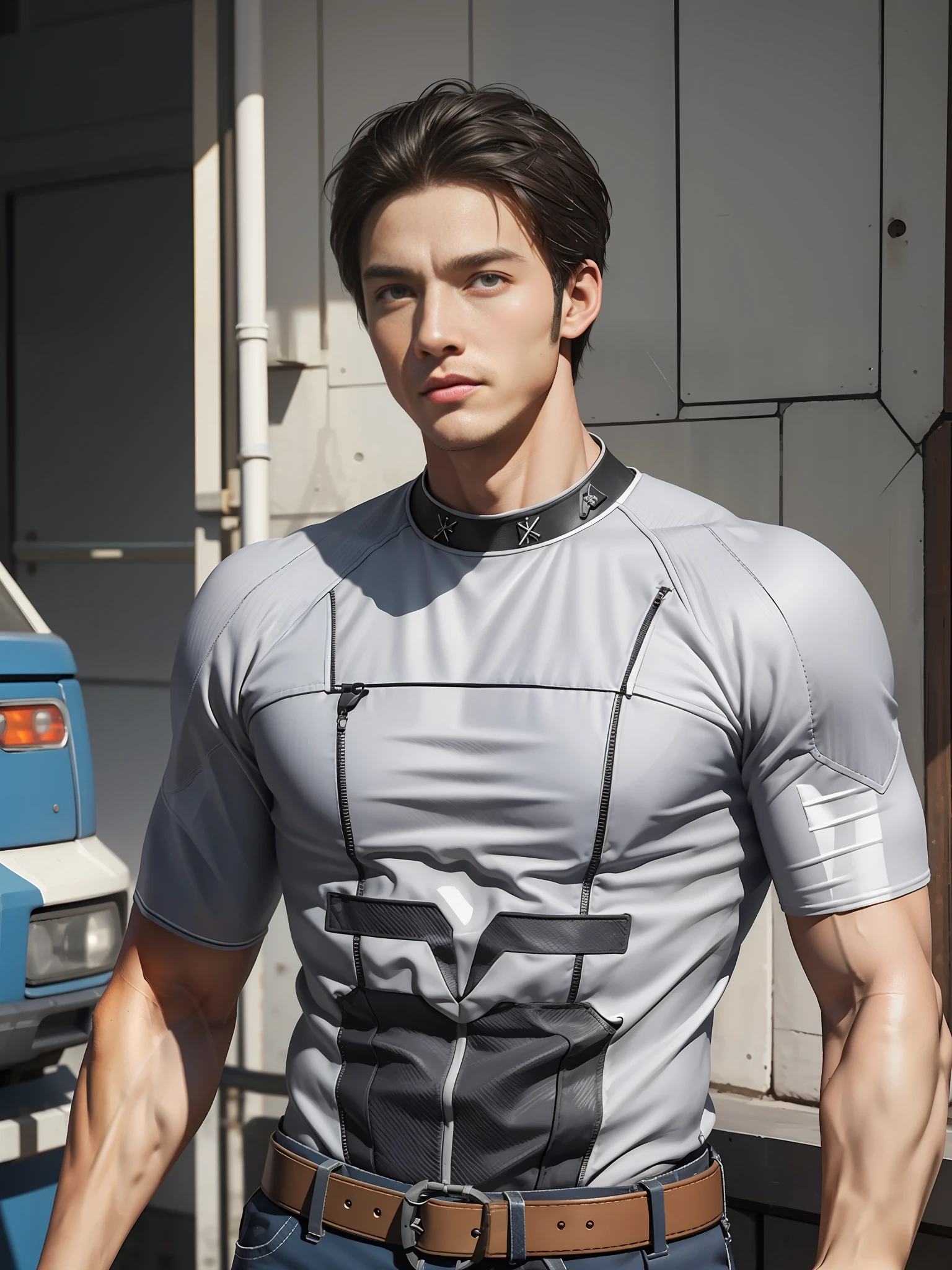 (masterpiece, best quality), 1 male, mature, aged up:1.4, tall muscular guy, broad shoulders, finely detailed eyes and detailed face, best ratio four finger and one thumb, best light and shadow, very short hair, undercut, mercenary, suit, morden urban landscape