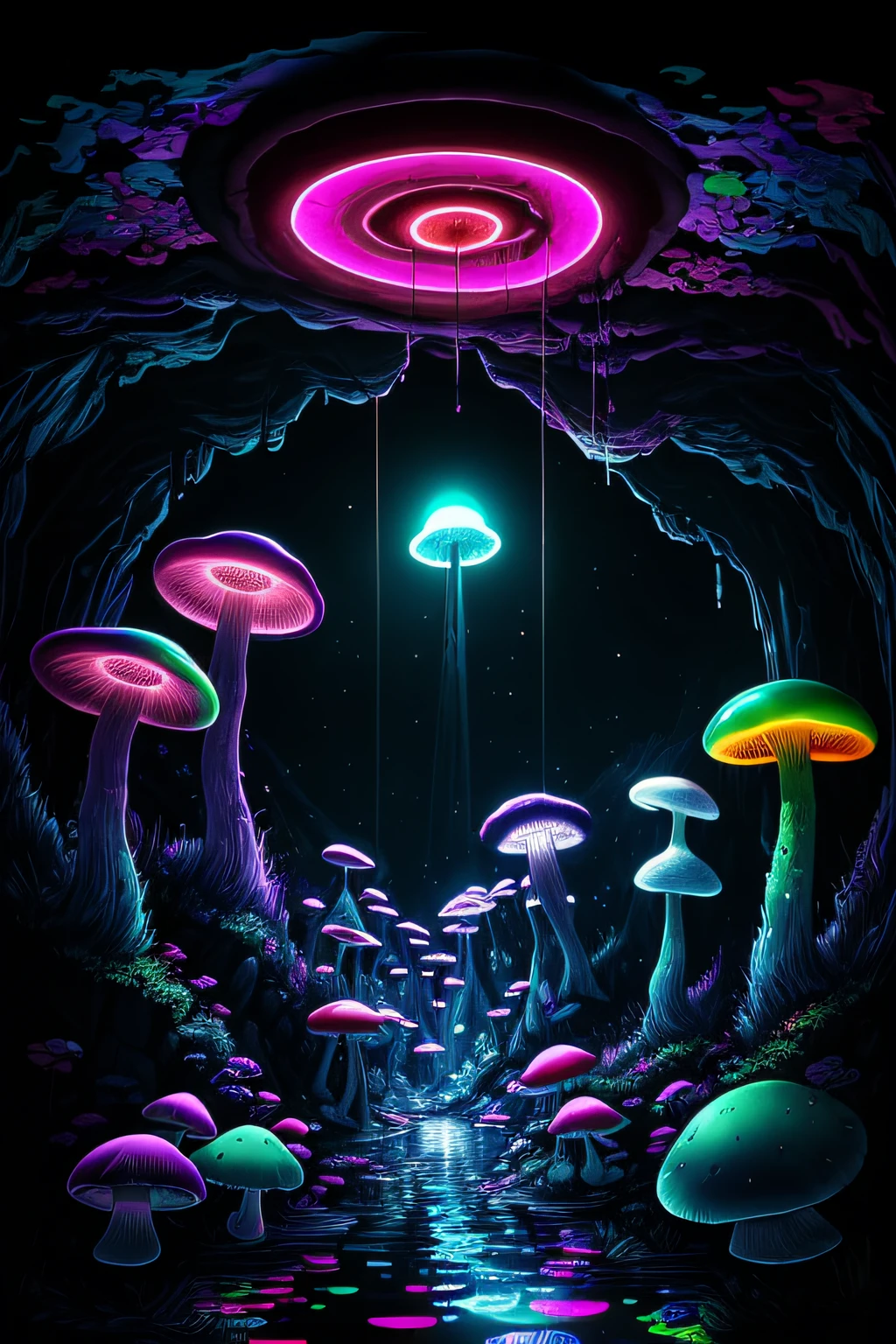a big cave, spherical, round, (big glowing lake):1.8, no gravity, horror, dark setting, sparkle in the air, dark fog, lightning, grafiti, (skulls:1.1), (psychodelic:2), colorful, rgb, ((neon mushrooms)), gloomy mushrooms, radiant light, acid, LSD, beautiful, masterpiece, best quality, highres, 8k, (insanely detailed), reflections:1.15,
