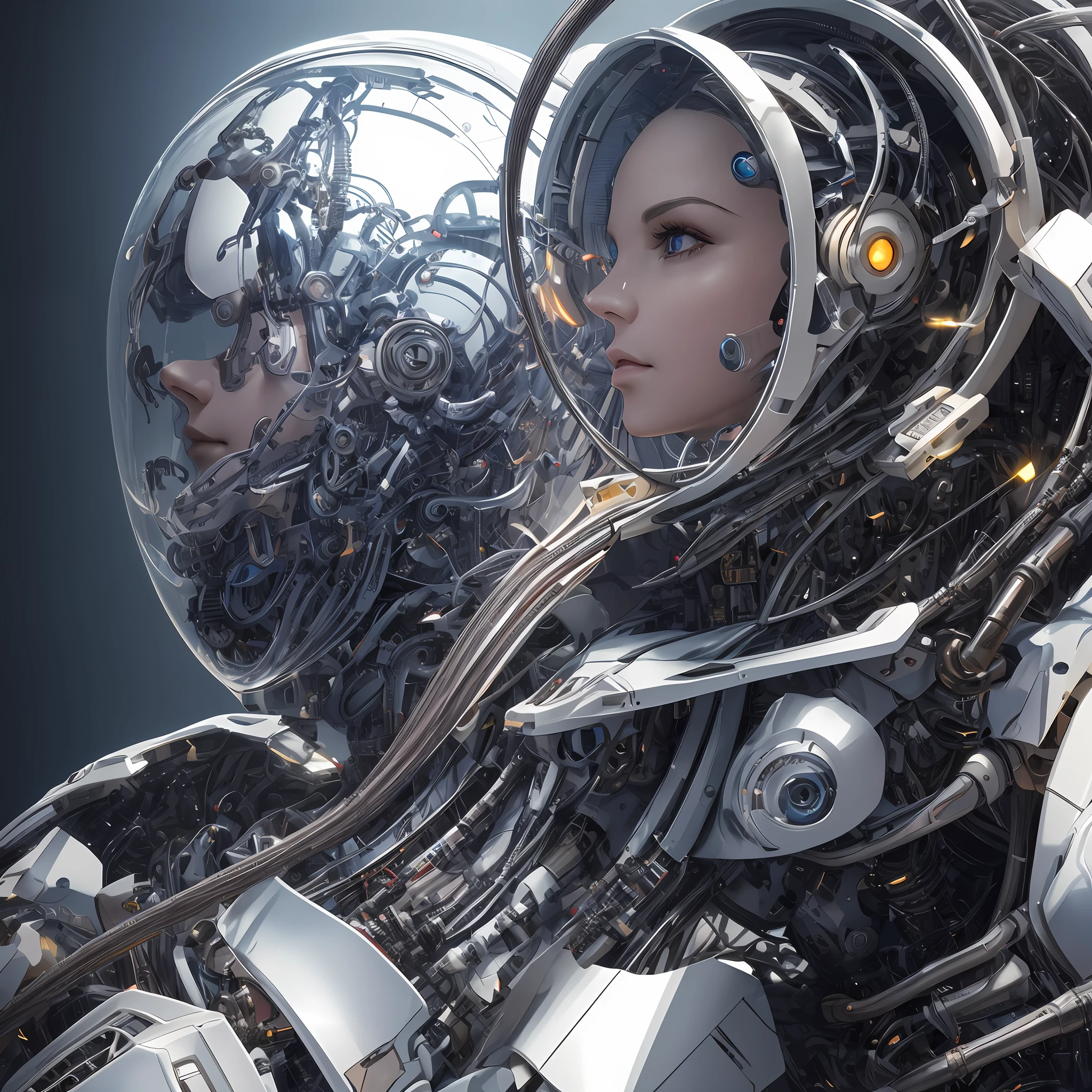 complex 3d render ultra detailed of a beautiful porcelain profile woman android face robotic eyes, cyborg, pointing forward, robotic parts, beautiful studio soft light, rim light, vibrant details, cyberpunk luxurious, lace, hyperrealistic, anatomical, facial muscles, cables electric wires, microchip, elegant, beautiful background, octane render, style H. R. Giger, 8k, best quality, masterpiece, illustration, an extremely delicate and beautiful, extremely detailed, CG, unit, wallpaper, (realistic, photo-realistic: 1.37), amazing, finely detailed, masterpiece, best quality, official art, extremely detailed CG 8k wallpaper unit, absurd, incredibly absurd, robot, halmet silver, full body, seated --auto