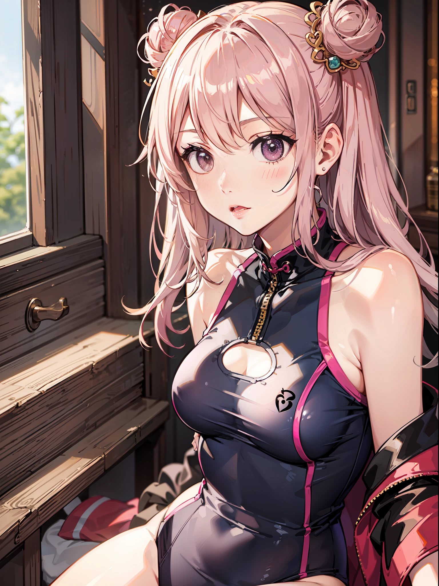 slender beautiful girl、One Person、small breasts、Pink cheongsam swimsuit、HI-RES、Max Quality、Fine details、Does not blush cheeks、kneehighs、Bun hair