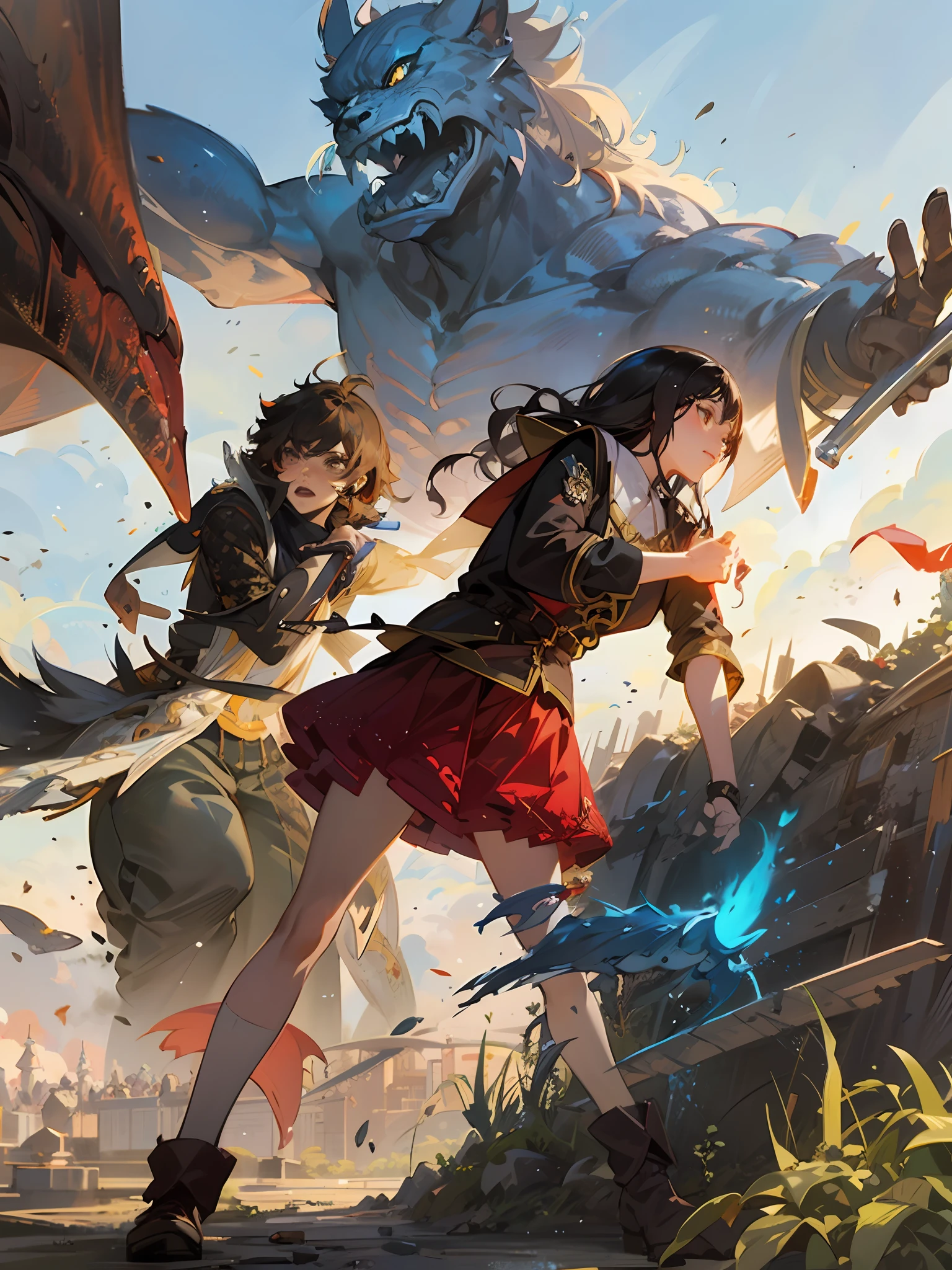 Anime - Style artwork of wolf-tailed boy and human girl fighting giant monsters, 2. 5D CGI Anime Fantasy Artwork, Artgerm and Atey Ghailan, Krenz Cushart and Wenjun Lin, by Yang J, Anime Fantasy Artwork, Anime Fantasy Illustration, Ross Tran and Bayard Wu, Jeremy Chong, Edgar Maxence and Ross Tran